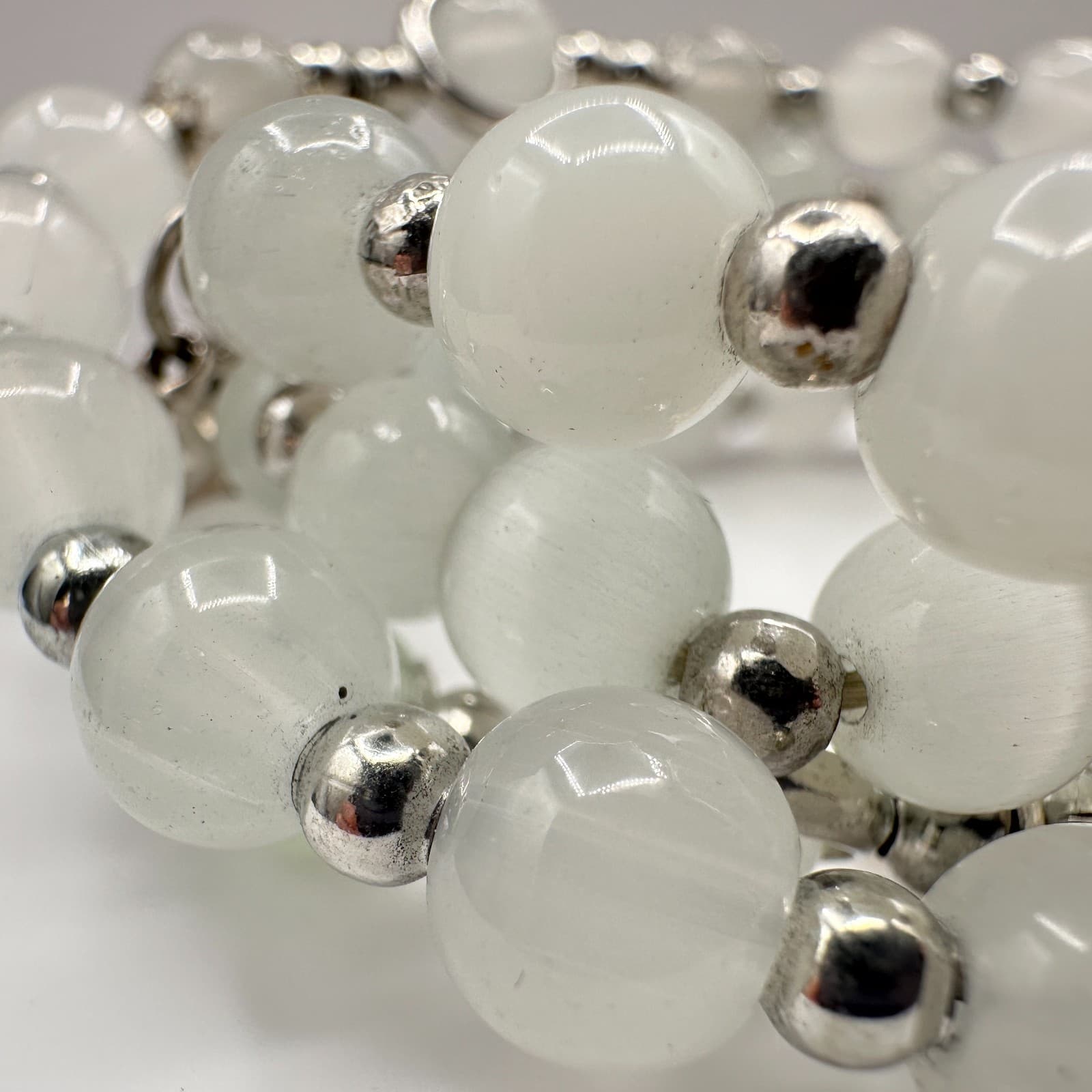 Vintage 90s White Quartz Beaded Wrap Bracelet Silver Tone Boho Statement Jewelry - Thumbnail 5