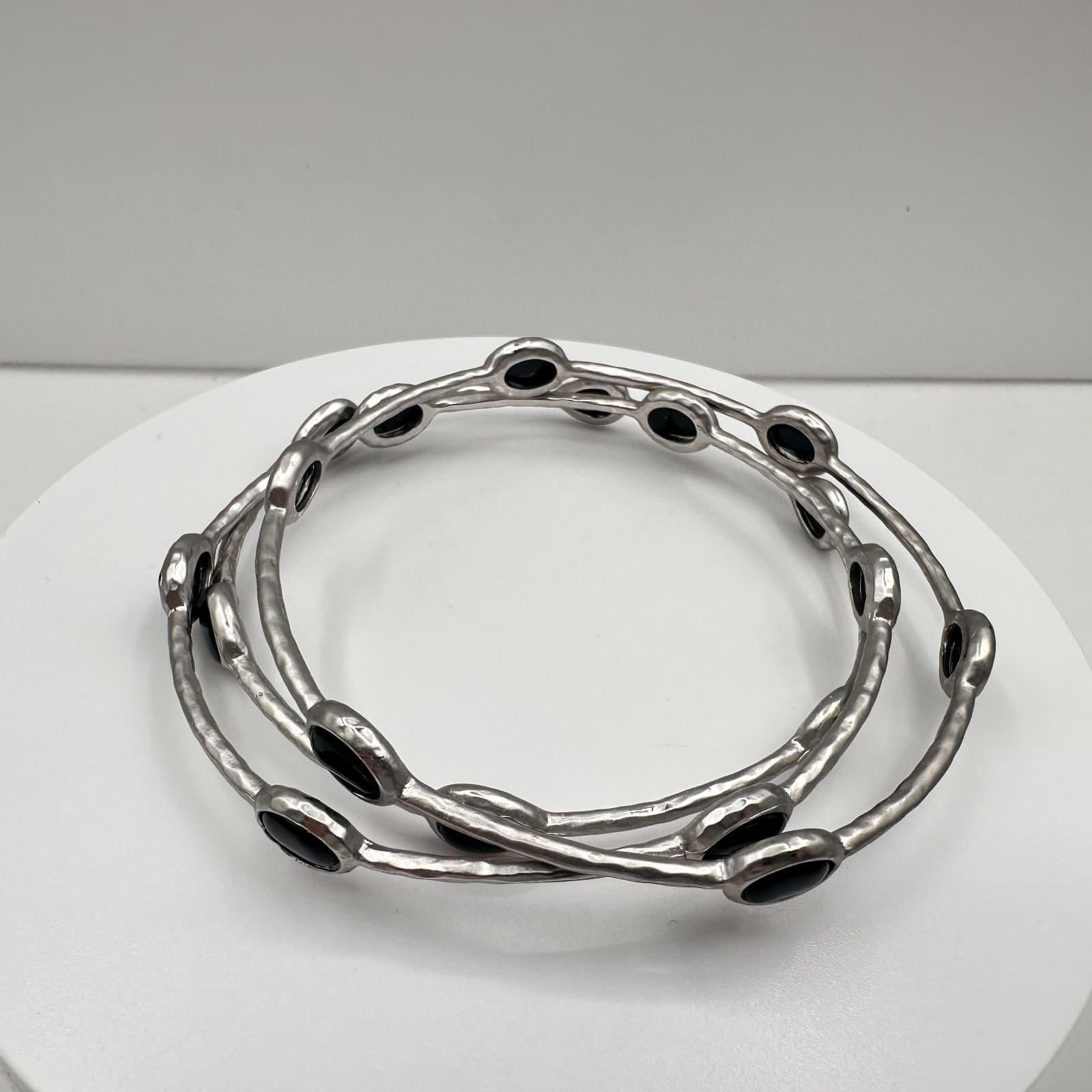 Vintage 90s Silver Tone Black Onyx Style Stone Bangle Bracelet Set Boho Jewelry - Thumbnail 3