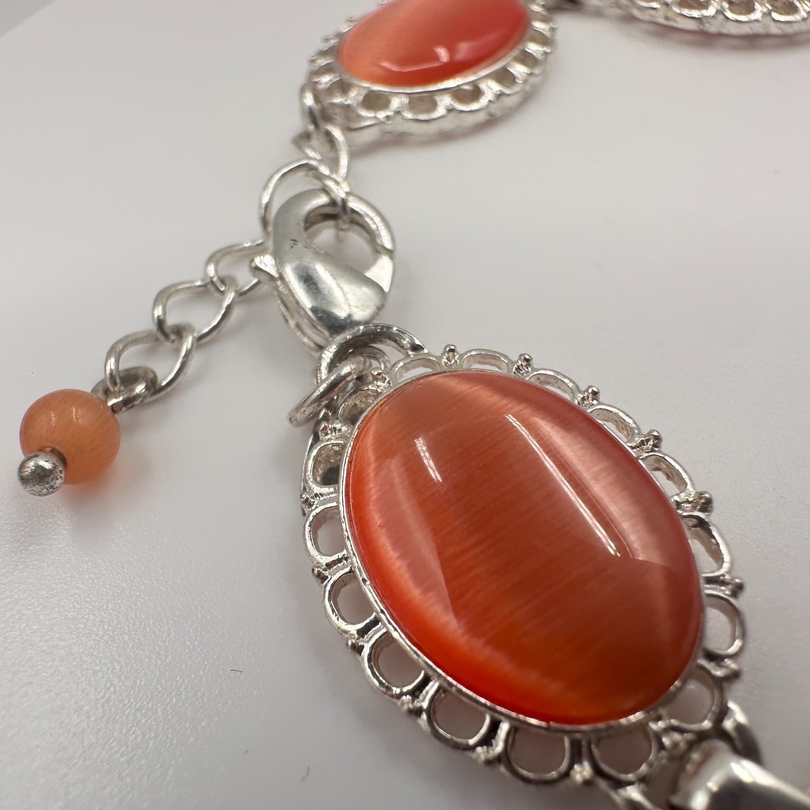 Vintage 80s Orange Moonstone Bangle Bracelet Silver Tone Style Jewelry - Thumbnail 4