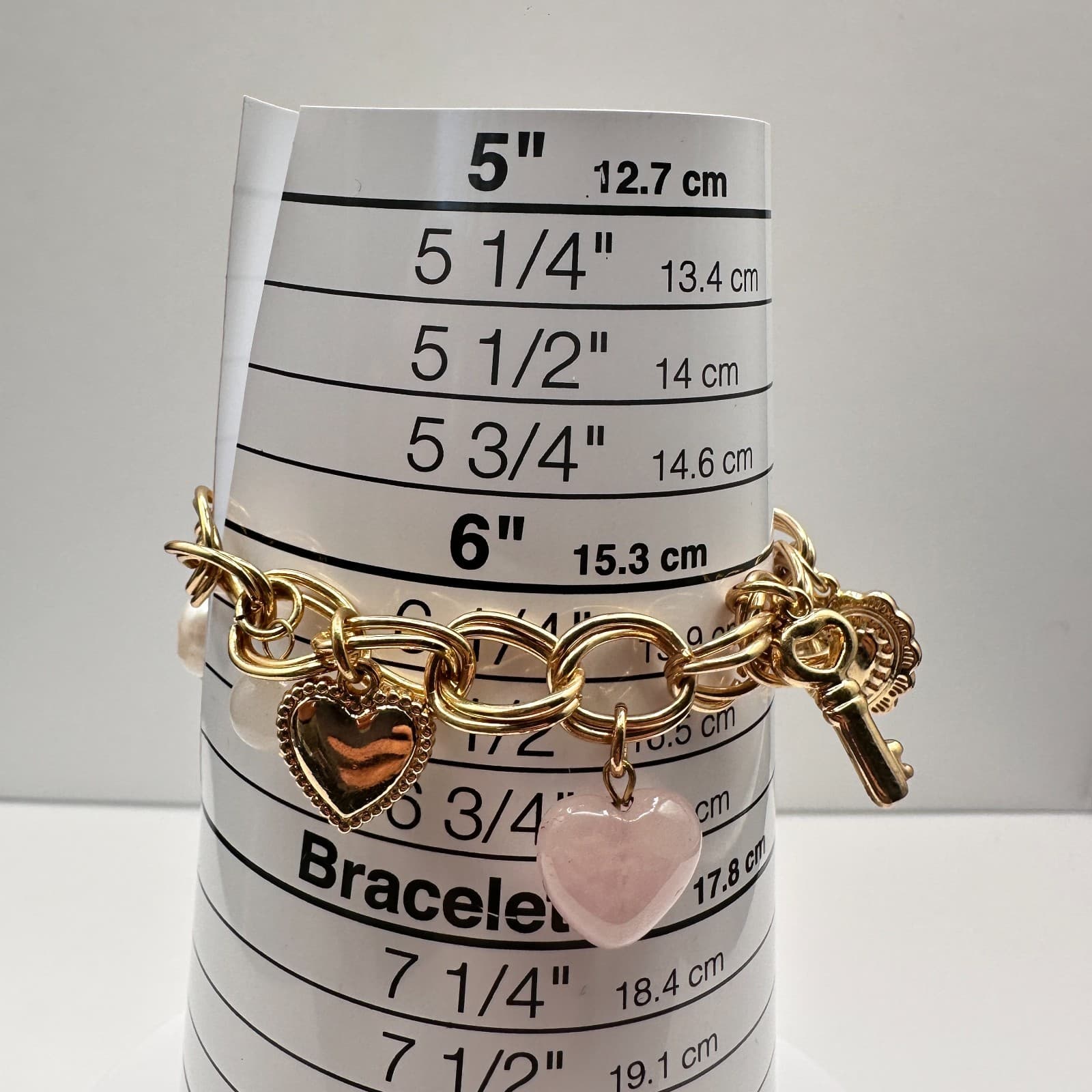 Vintage 90s Gold Tone Chunky Chain Bracelet Heart Key Pearl Toggle Clasp Jewelry - Thumbnail 7