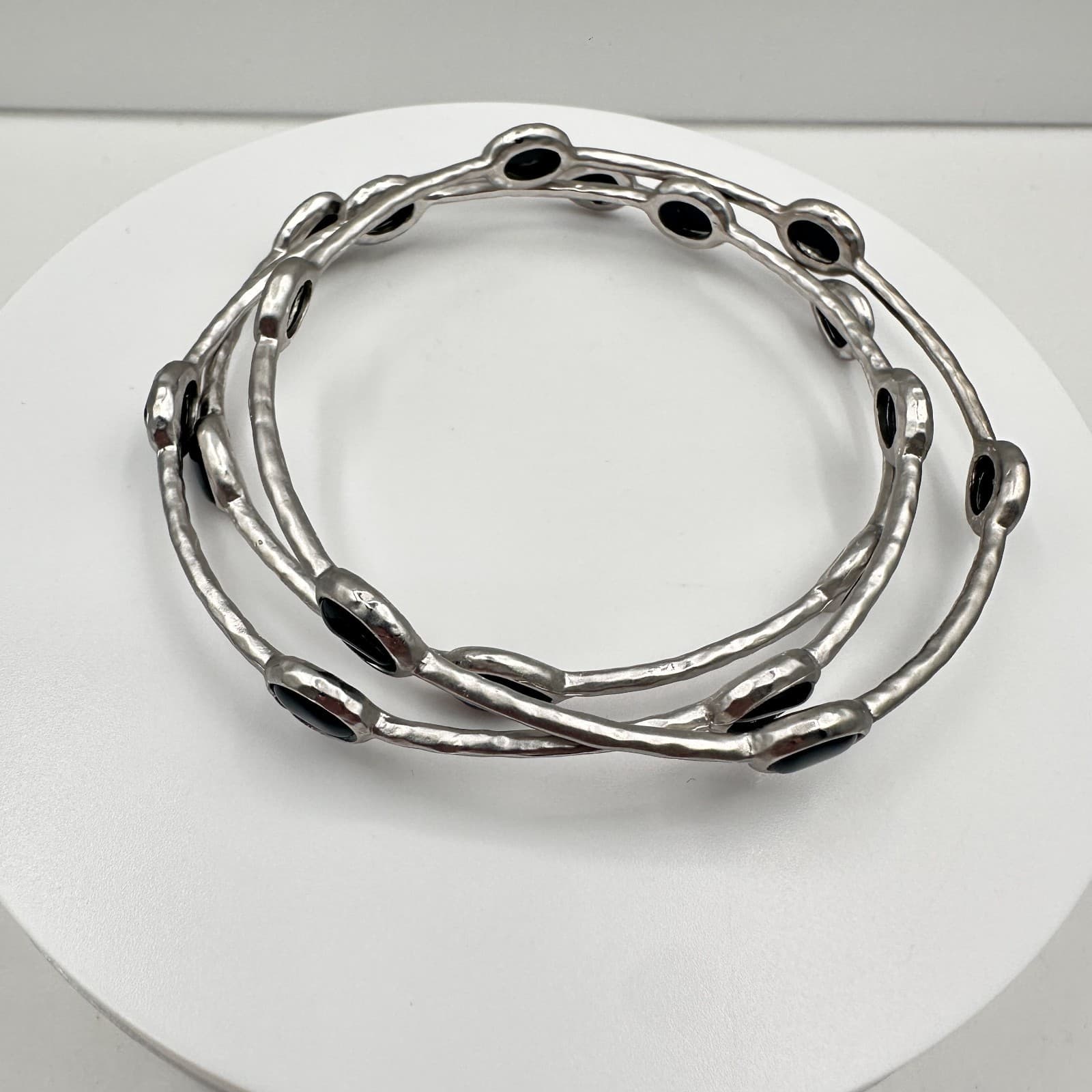 Vintage 90s Silver Tone Black Onyx Style Stone Bangle Bracelet Set Boho Jewelry - Thumbnail 5