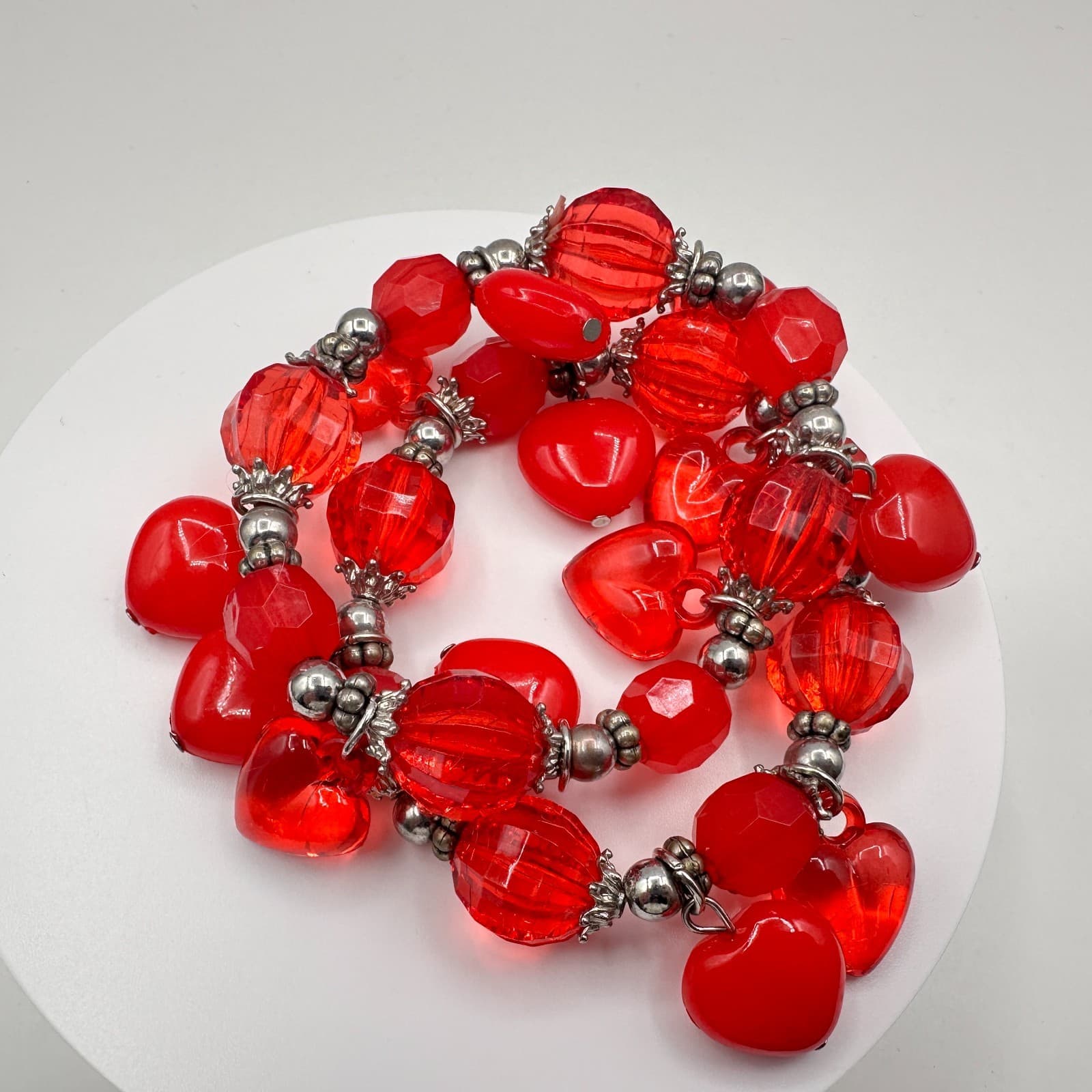 Vintage 90s Red Heart Charm Bracelet Set Beaded Stretch Boho Women's Jewelry - Image 1