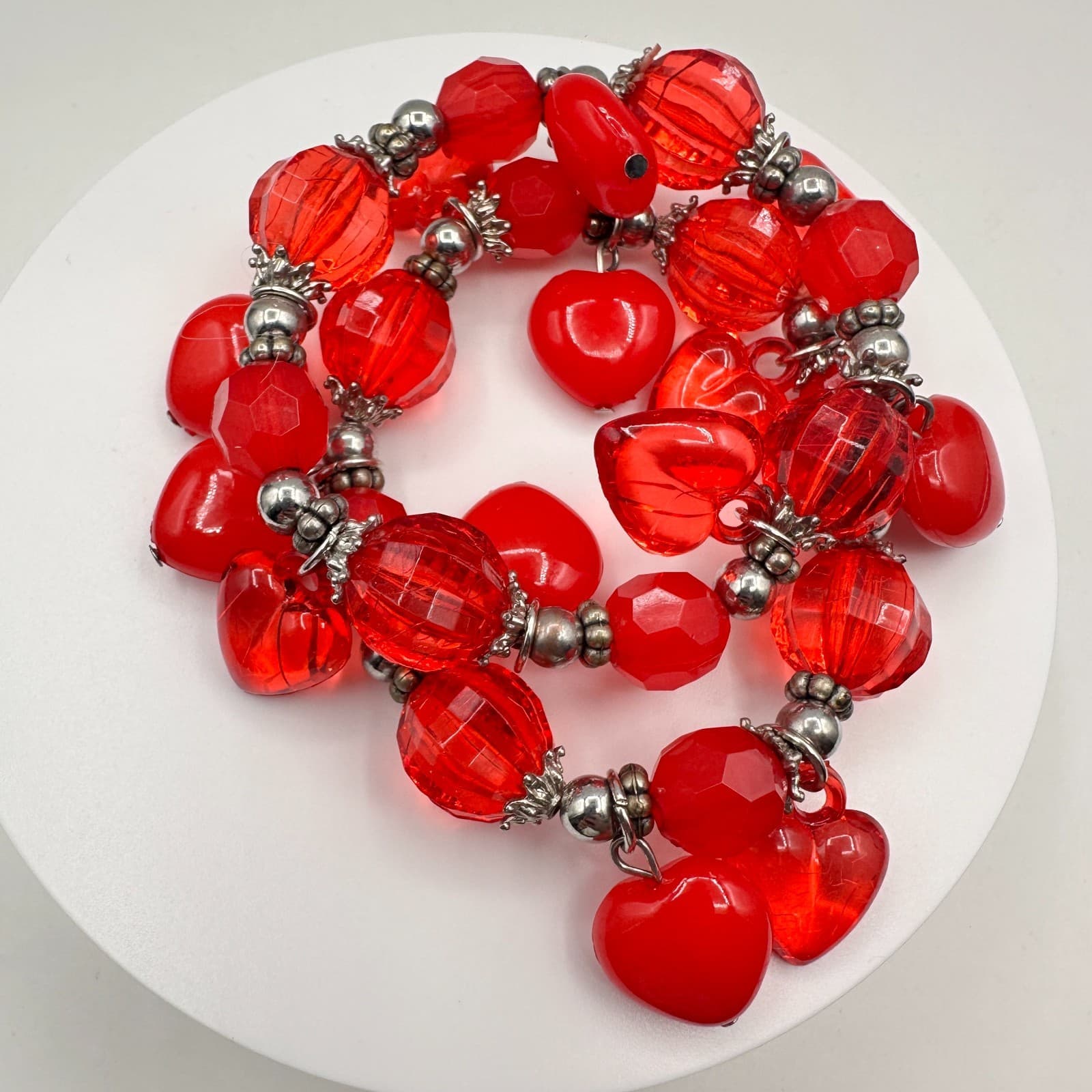 Vintage 90s Red Heart Charm Bracelet Set Beaded Stretch Boho Women's Jewelry - Thumbnail 3