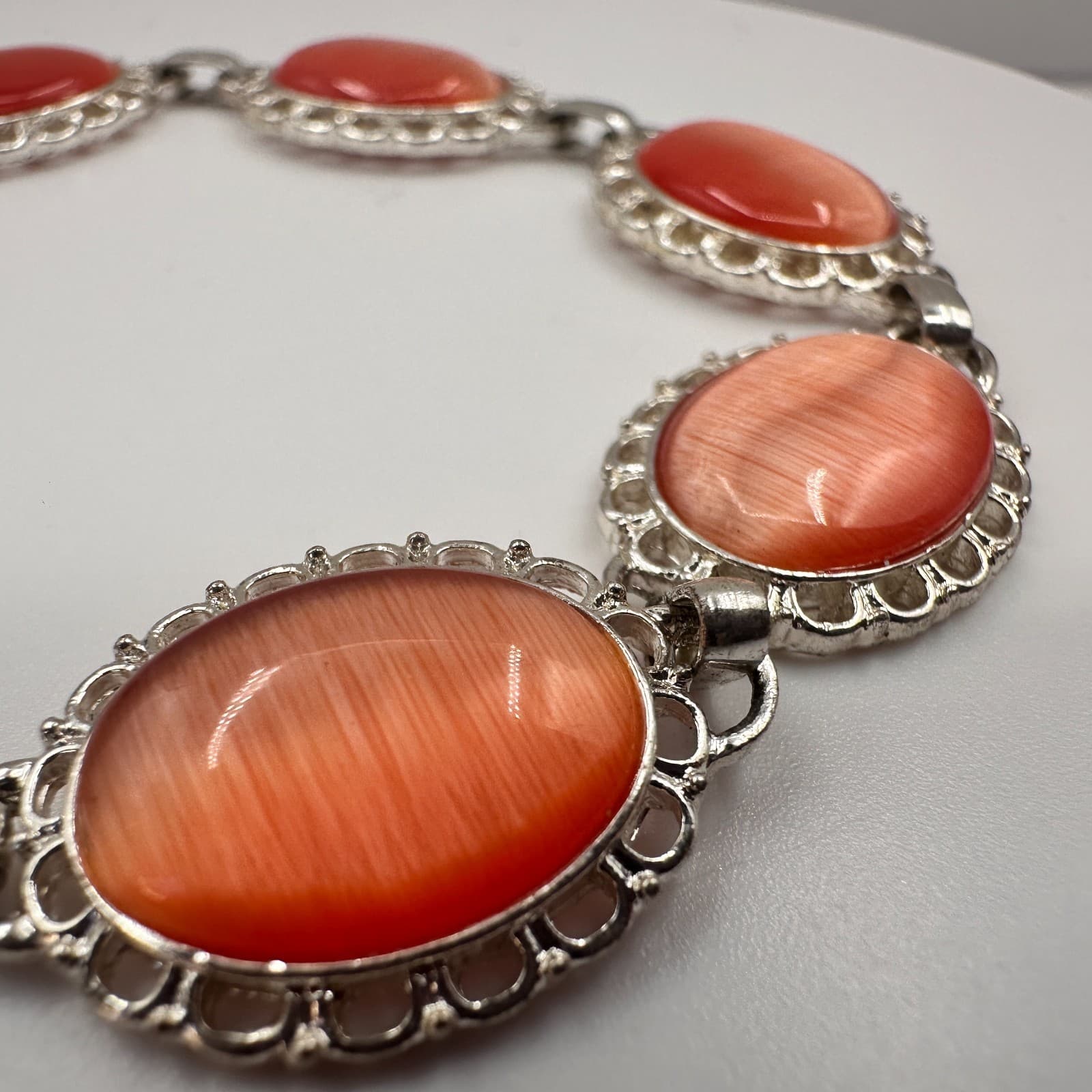 Vintage 80s Orange Moonstone Bangle Bracelet Silver Tone Style Jewelry - Thumbnail 5