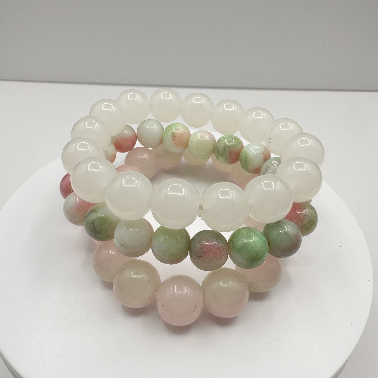 Vintage 80s Beaded Bracelet Set Rose Quartz Prehnite Stretch Womens Jewelry - Image 1