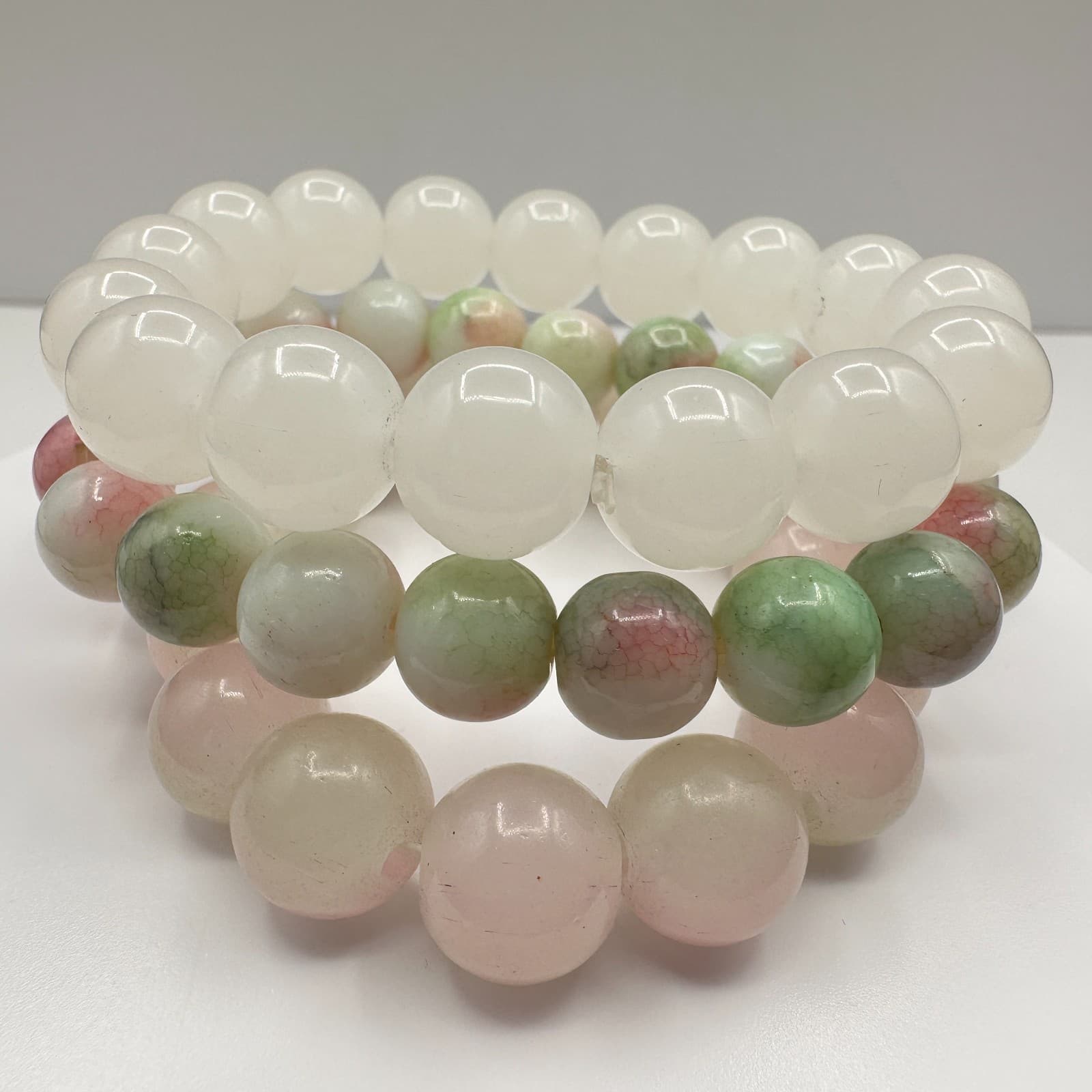 Vintage 80s Beaded Bracelet Set Rose Quartz Prehnite Stretch Womens Jewelry - Thumbnail 2