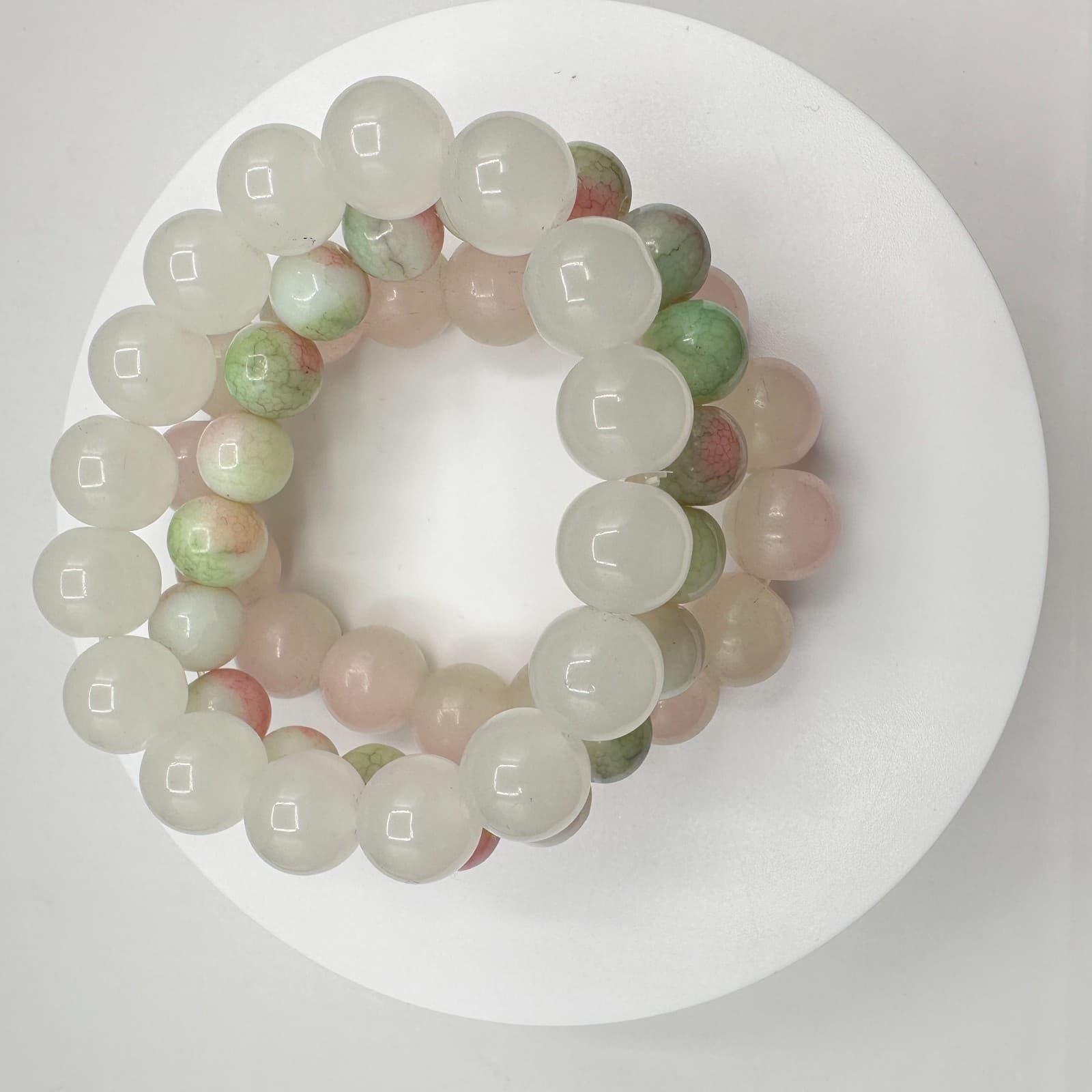 Vintage 80s Beaded Bracelet Set Rose Quartz Prehnite Stretch Womens Jewelry - Thumbnail 7