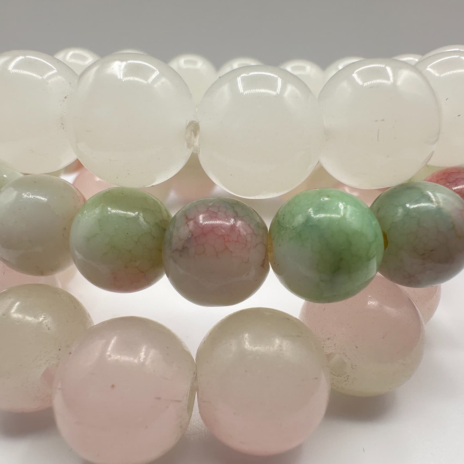 Vintage 80s Beaded Bracelet Set Rose Quartz Prehnite Stretch Womens Jewelry - Thumbnail 5