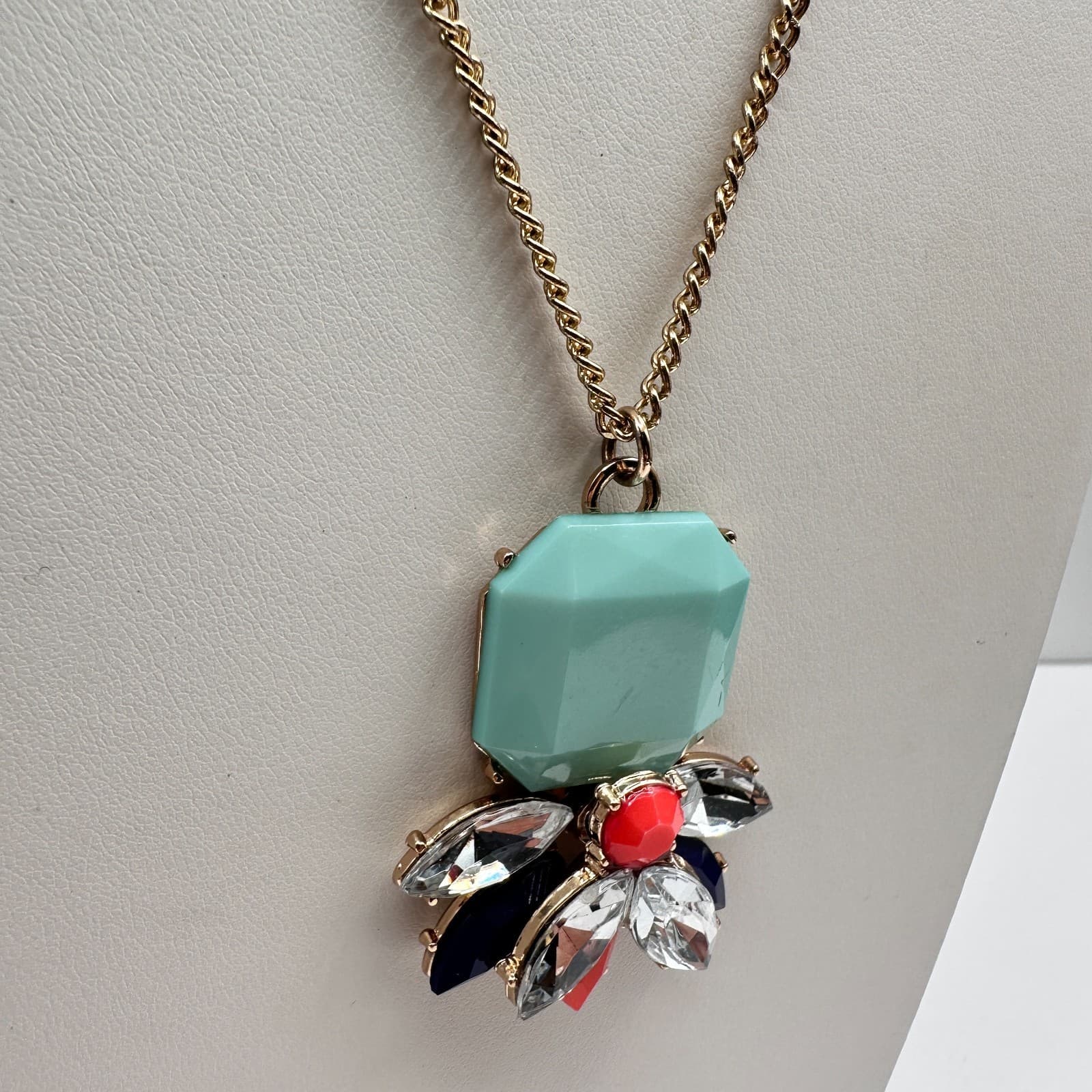 Vintage Y2K Statement Flower Pendant Necklace Faceted Stone Teal Aqua Gold Tone - Thumbnail 4