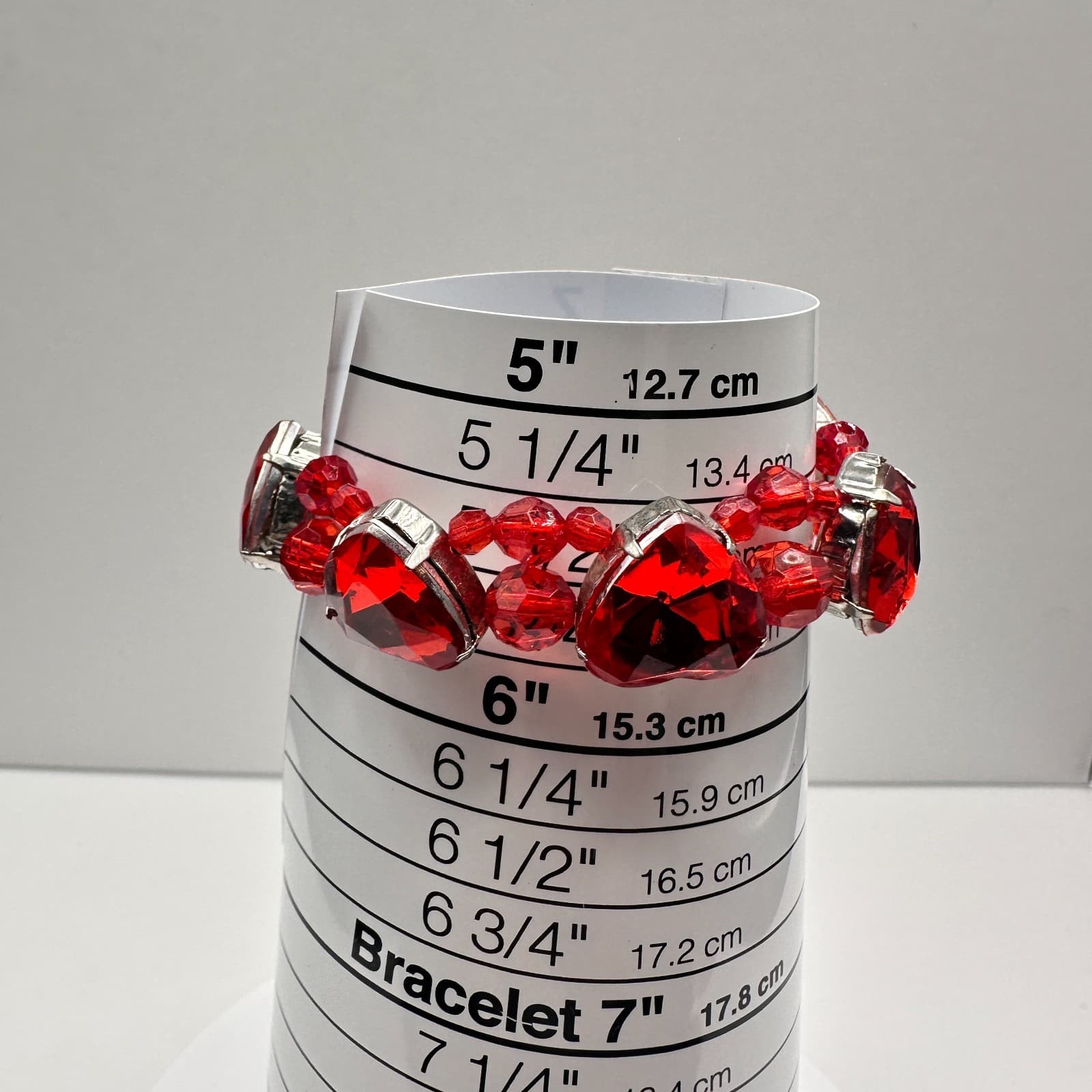 Vintage 90s Red Heart Glass Stretch Bracelet Silver Tone Romantic Fashion - Thumbnail 7