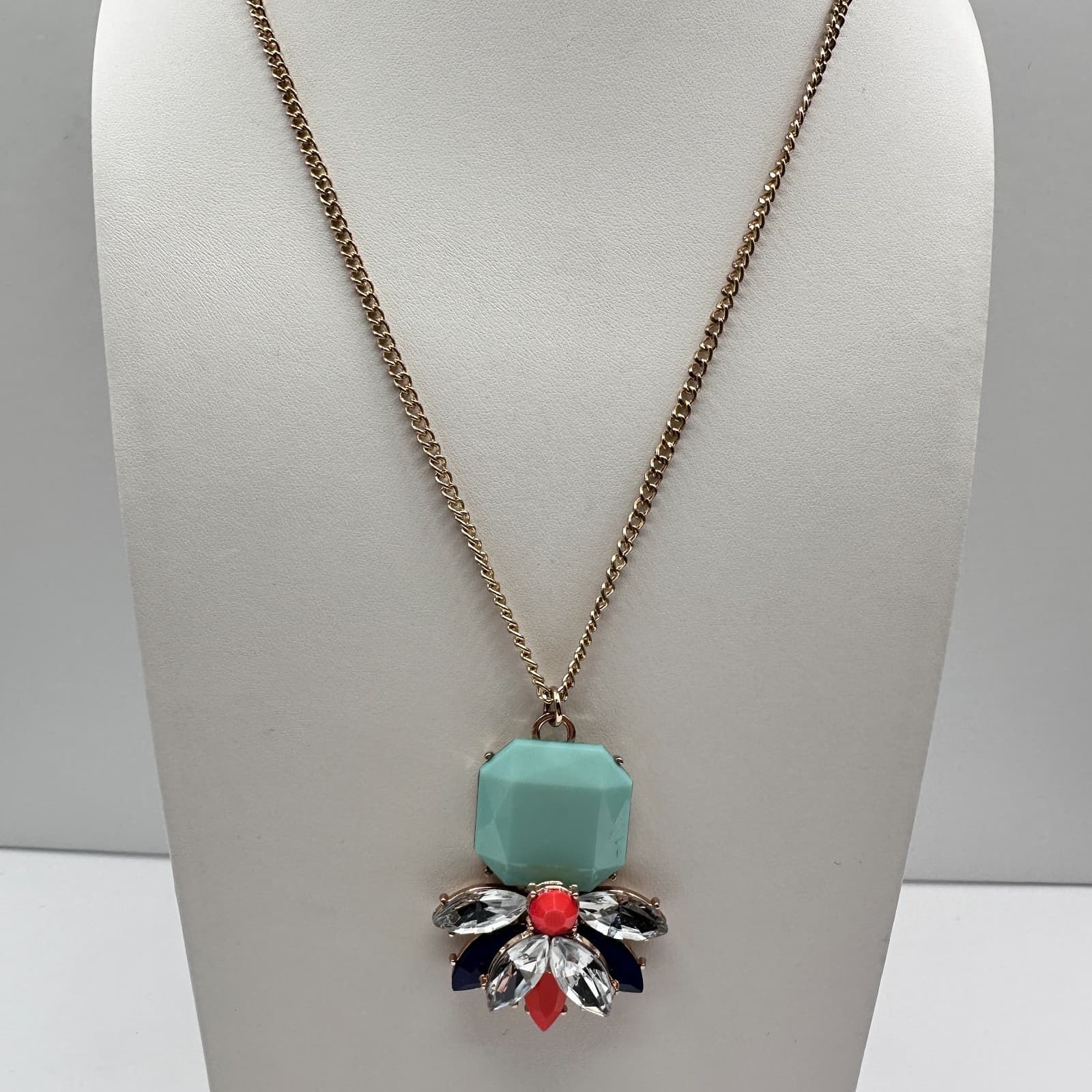 Vintage Y2K Statement Flower Pendant Necklace Faceted Stone Teal Aqua Gold Tone - Thumbnail 2