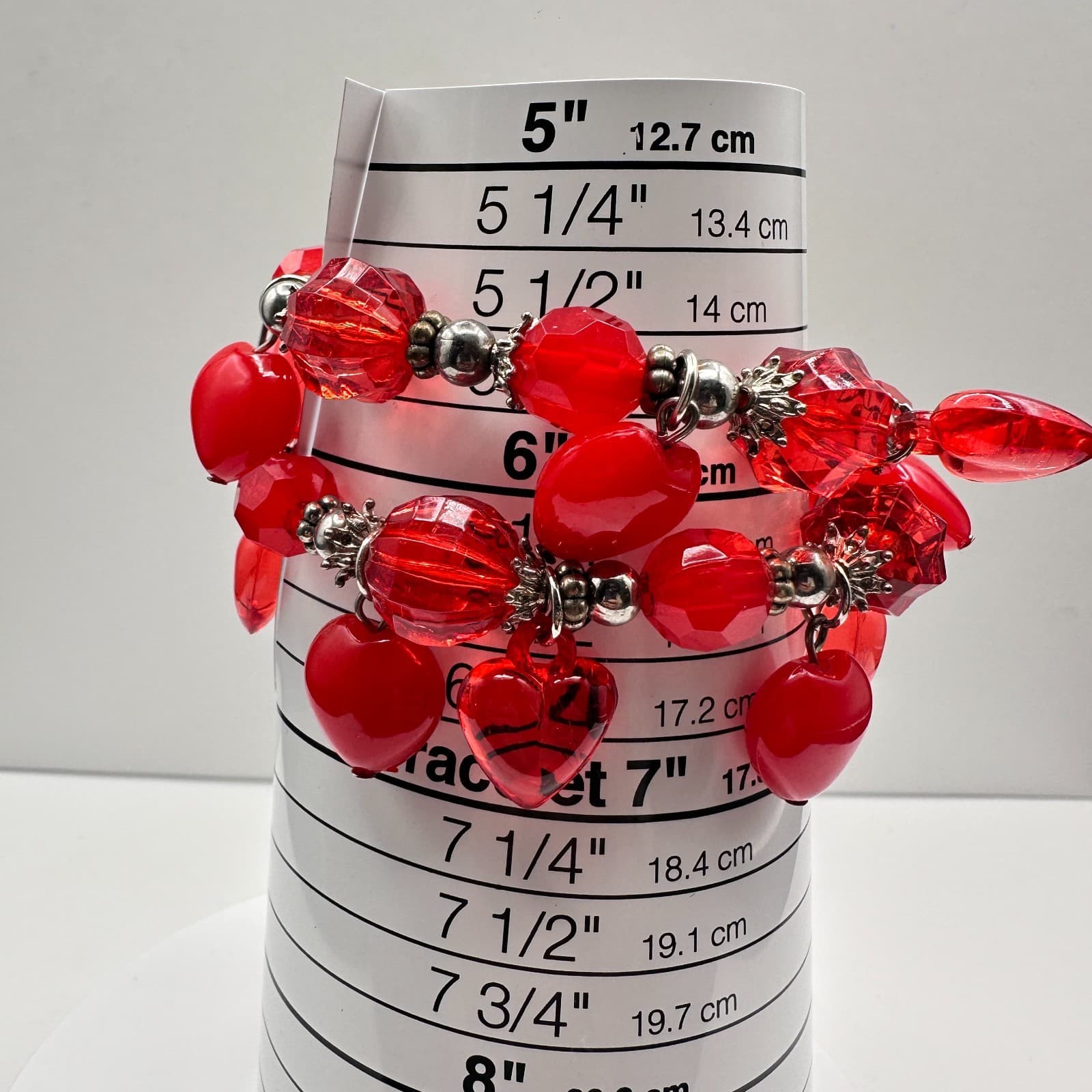 Vintage 90s Red Heart Charm Bracelet Set Beaded Stretch Boho Women's Jewelry - Thumbnail 7