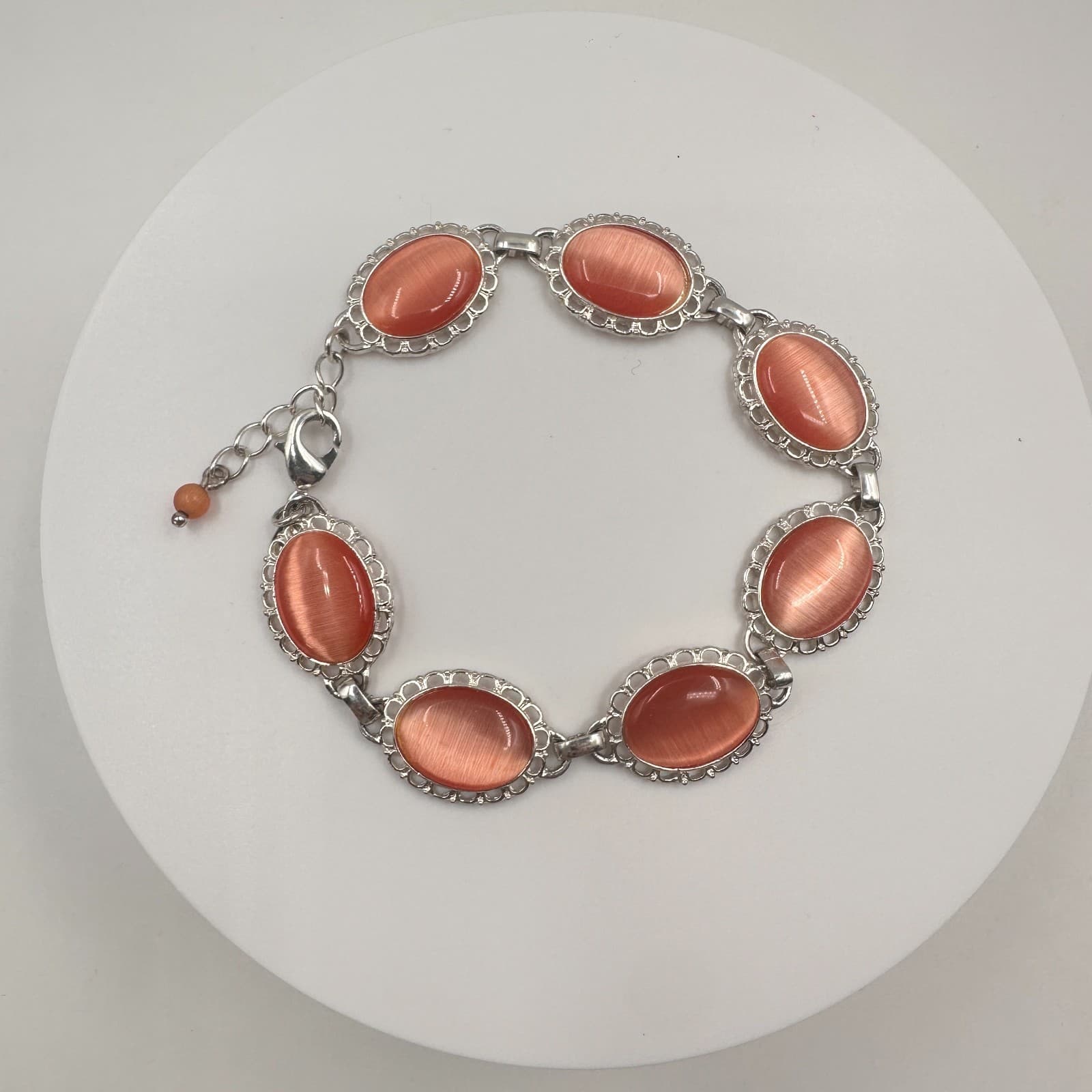 Vintage 80s Orange Moonstone Bangle Bracelet Silver Tone Style Jewelry - Thumbnail 2