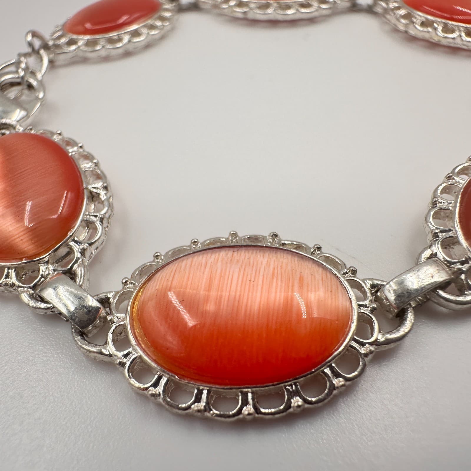 Vintage 80s Orange Moonstone Bangle Bracelet Silver Tone Style Jewelry - Thumbnail 3