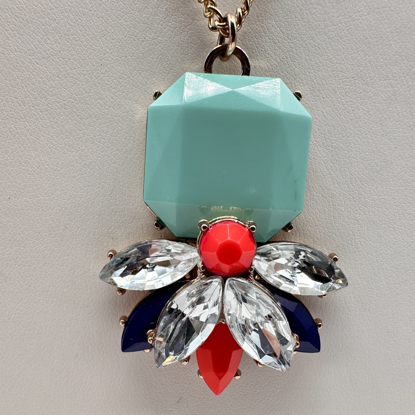 Vintage Y2K Statement Flower Pendant Necklace Faceted Stone Teal Aqua Gold Tone - Thumbnail 3