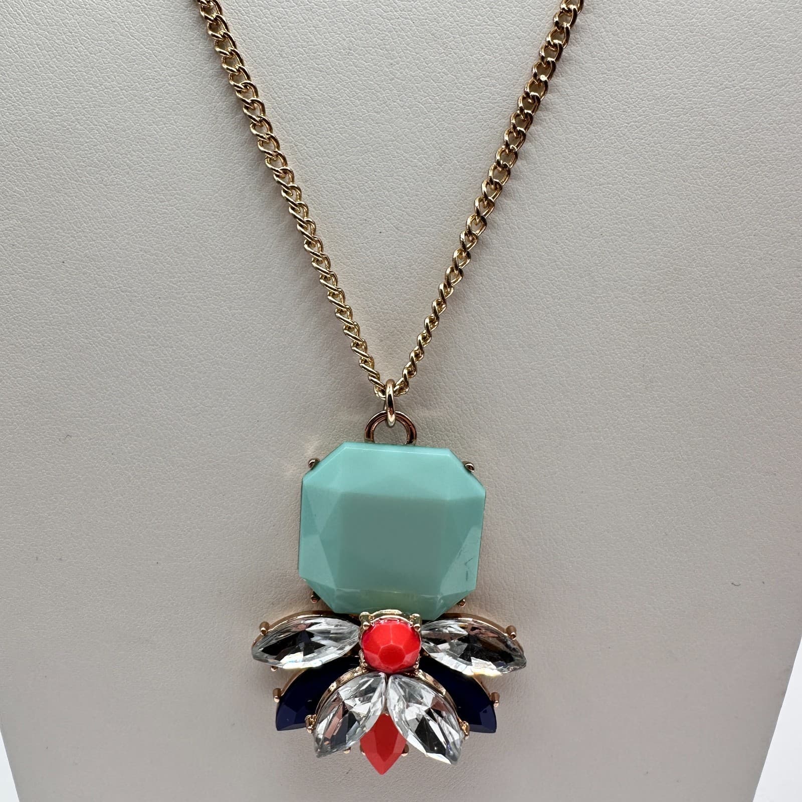 Vintage Y2K Statement Flower Pendant Necklace Faceted Stone Teal Aqua Gold Tone - Thumbnail 6