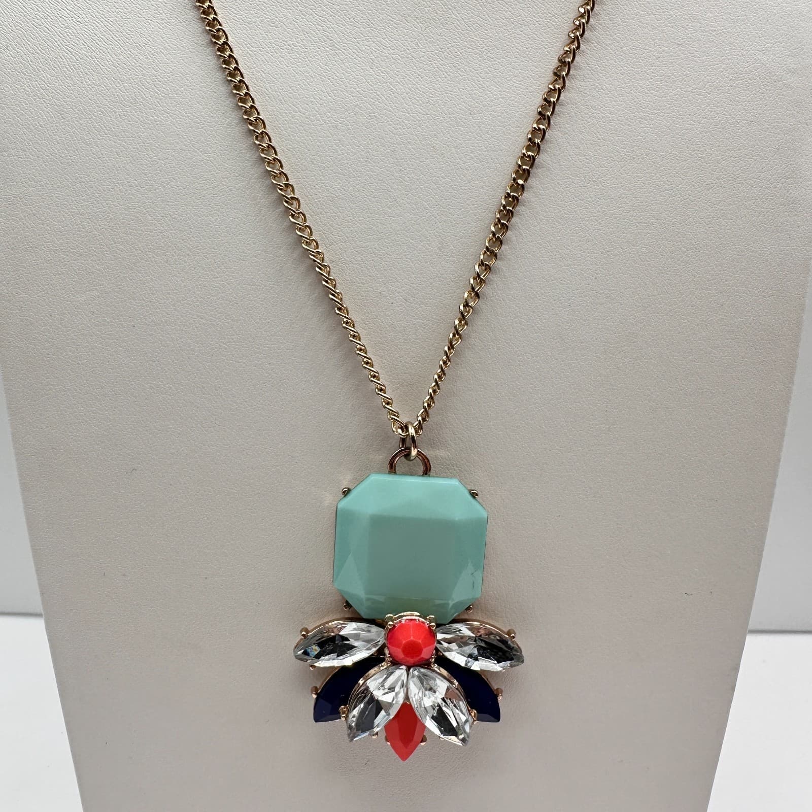Vintage Y2K Statement Flower Pendant Necklace Faceted Stone Teal Aqua Gold Tone - Image 1