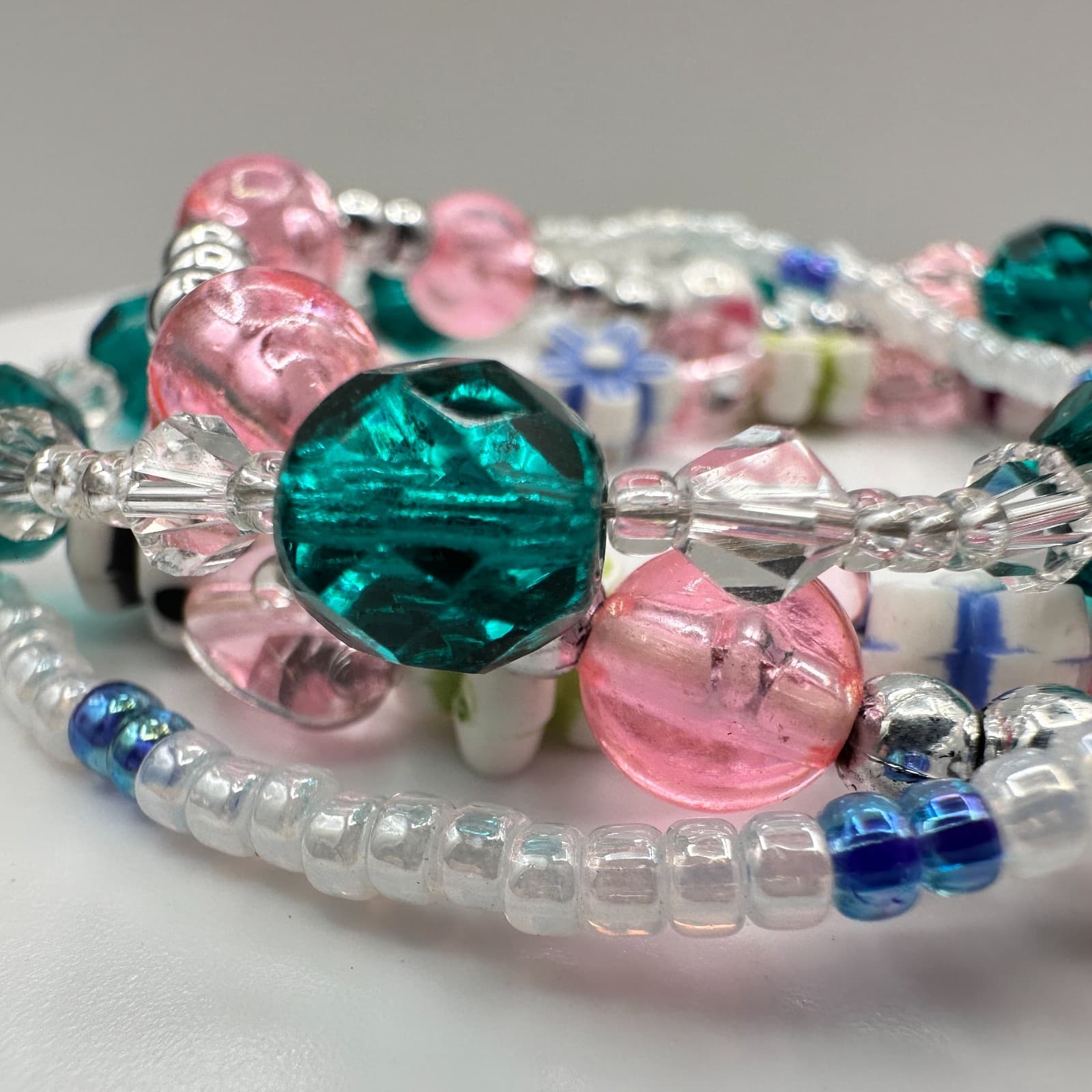 Vintage 90s Multi-Strand Beaded Bracelet Set Pink Teal Floral Boho Pastel Stack - Thumbnail 3