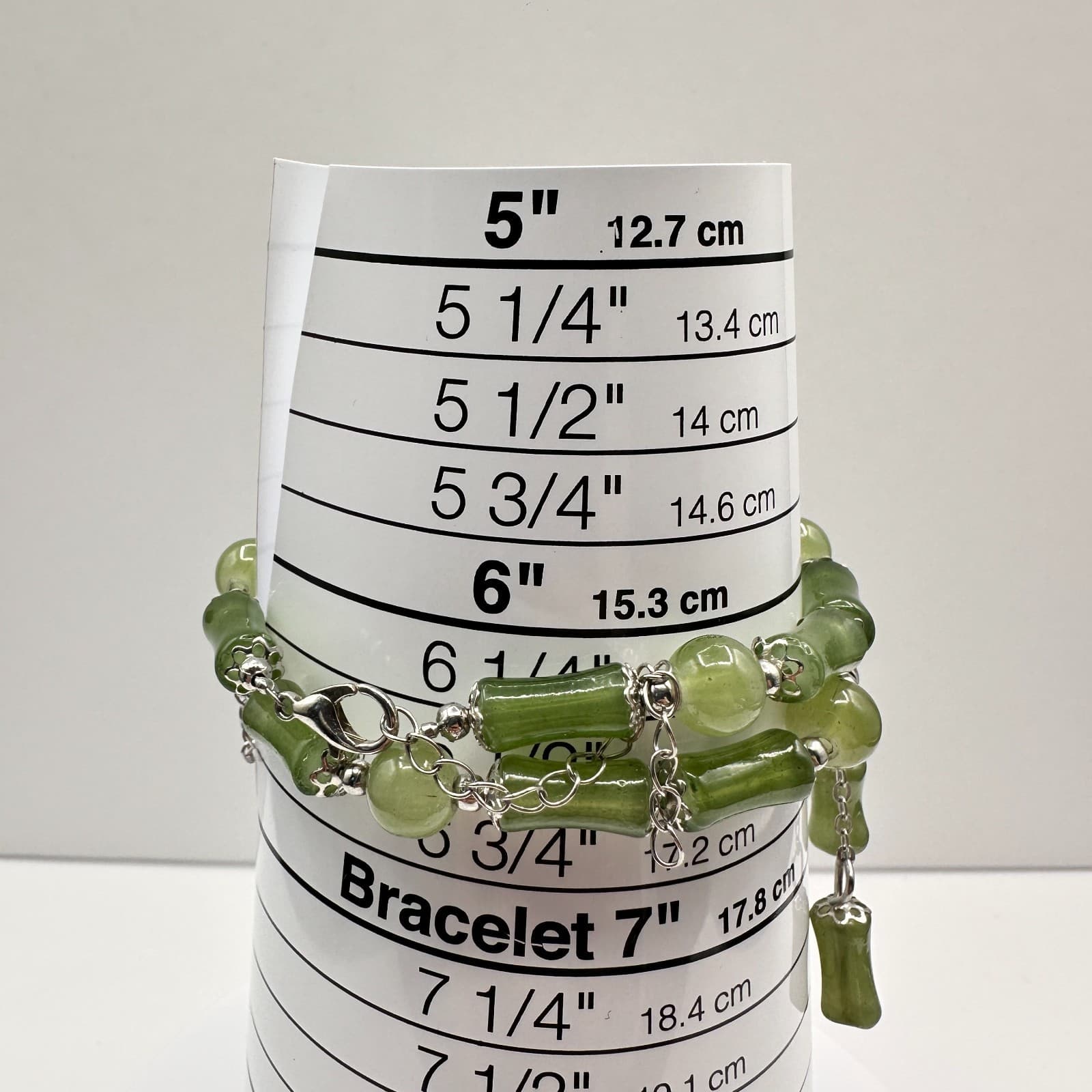 Vintage 80s Green Jade Bamboo Bracelet Chinese Style Charm Lily Valley Jewelry - Thumbnail 6