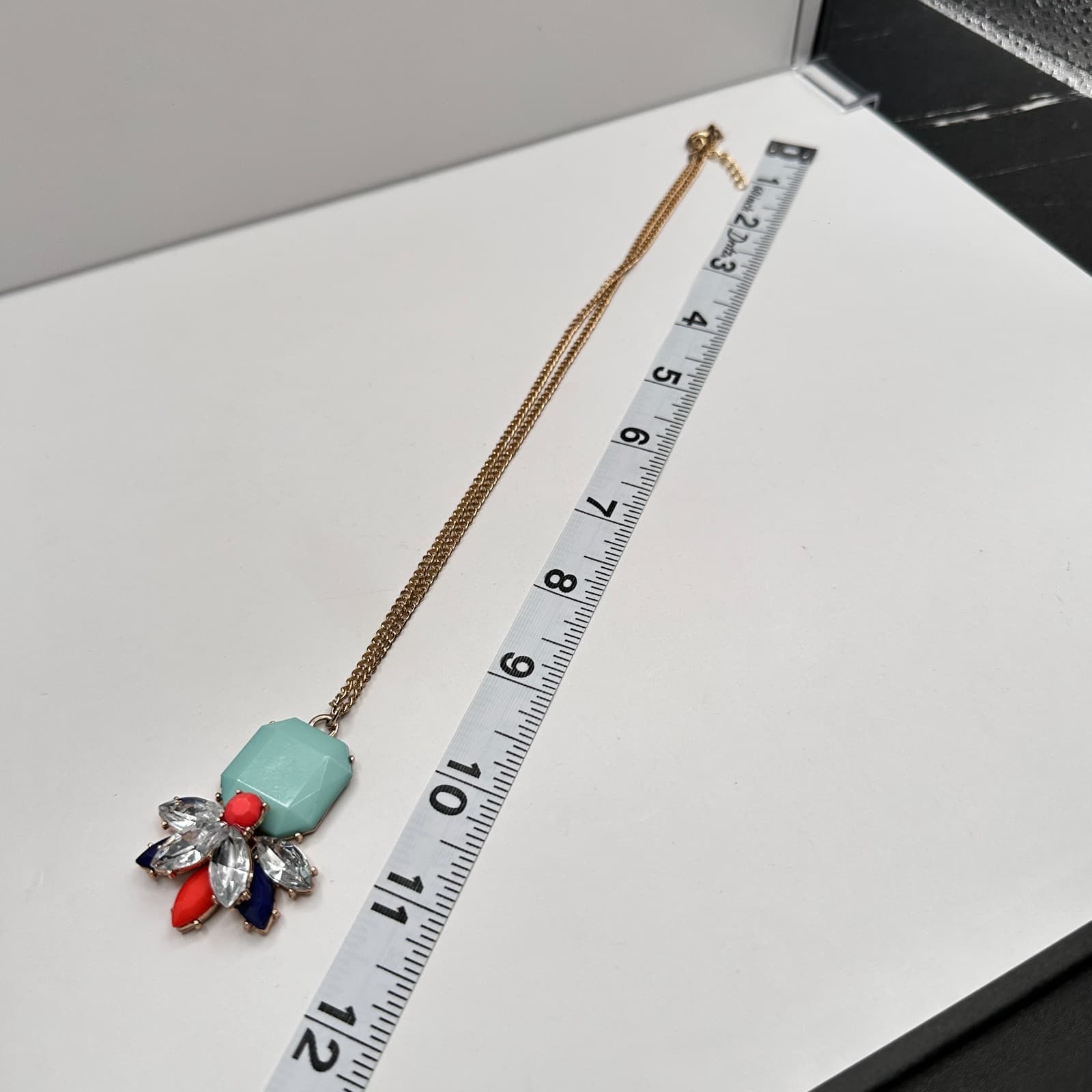 Vintage Y2K Statement Flower Pendant Necklace Faceted Stone Teal Aqua Gold Tone - Thumbnail 8