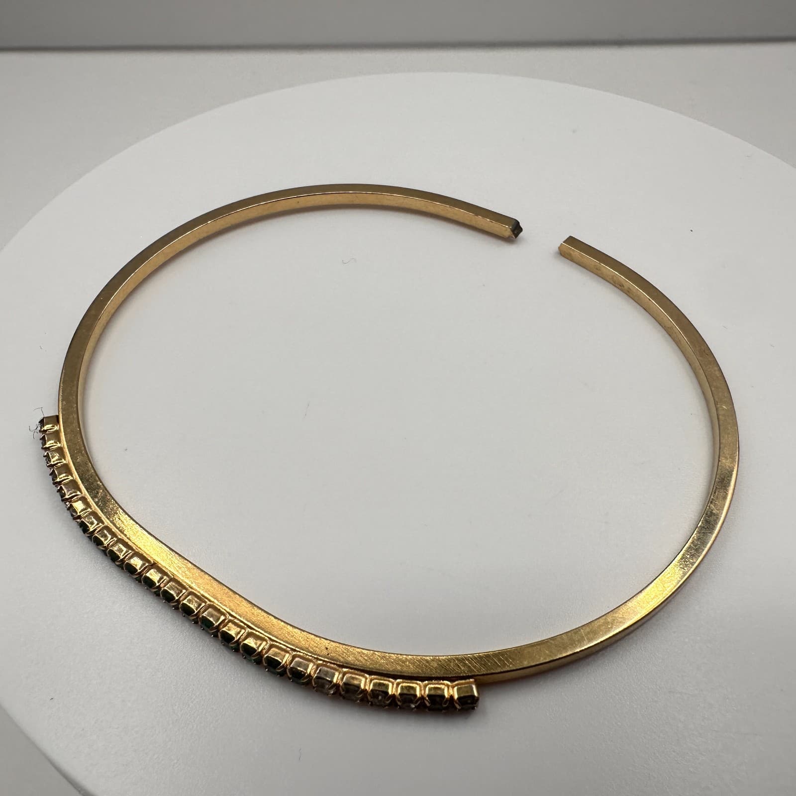 Vintage 80s Green & Clear Crystal Rhinestone Gold Tone Bangle Statement Jewelry - Thumbnail 6