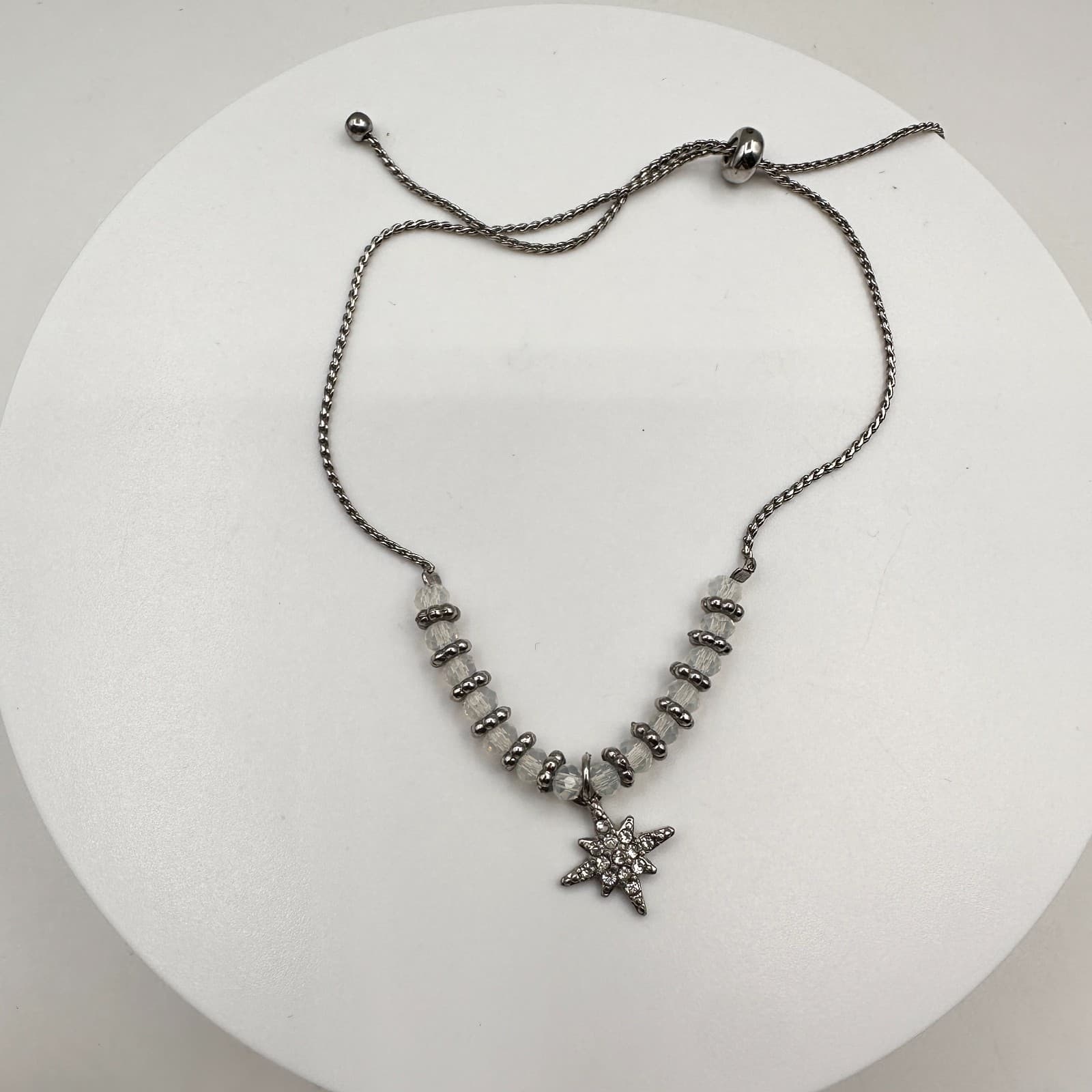 Vintage 80s Silver Tone Star Beaded Bono Bracelet Adjustable Jewelry - Image 1