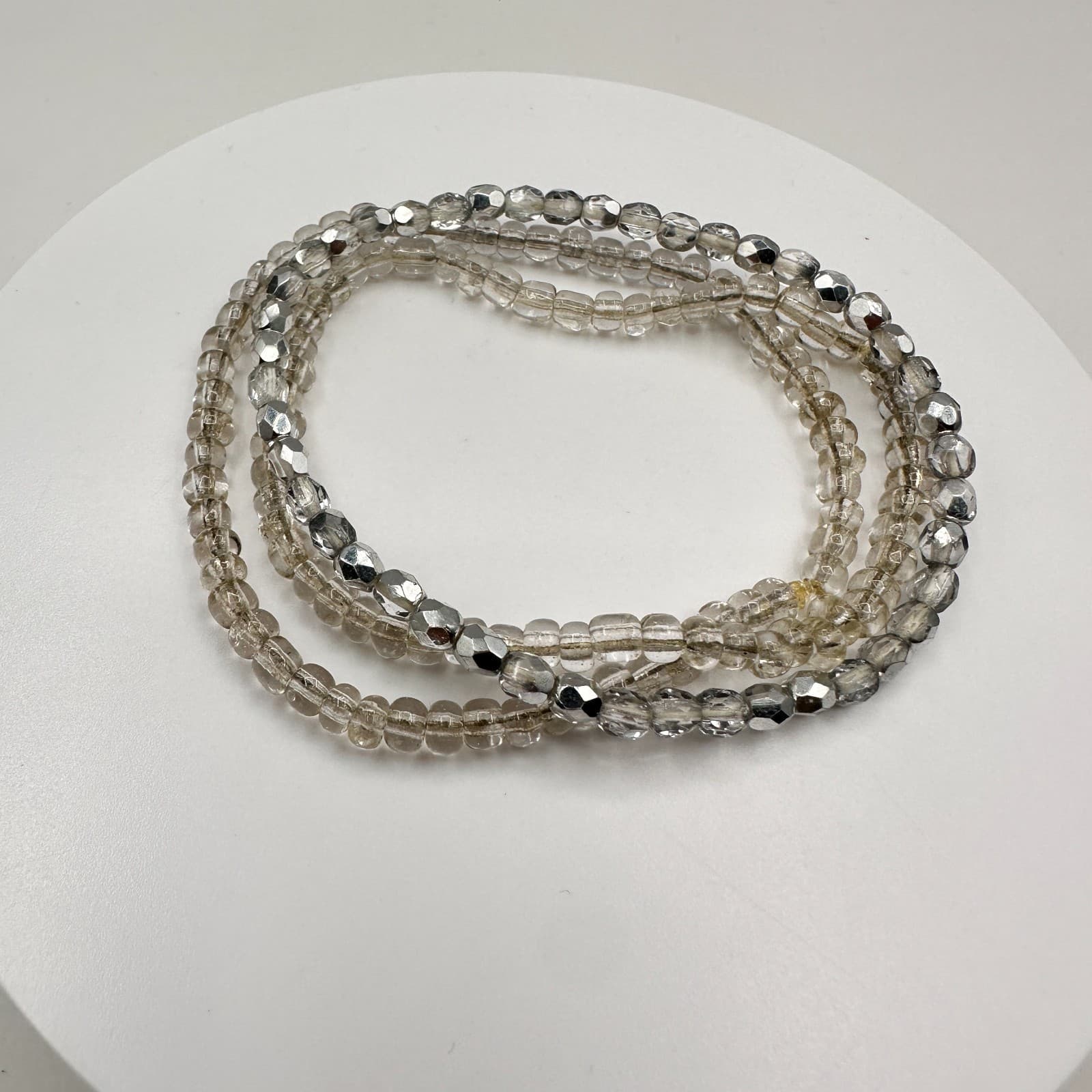 Vintage 90s Beaded Stretch Bracelet Set Silver Clear Glass Boho Fashion Jewelry - Thumbnail 2