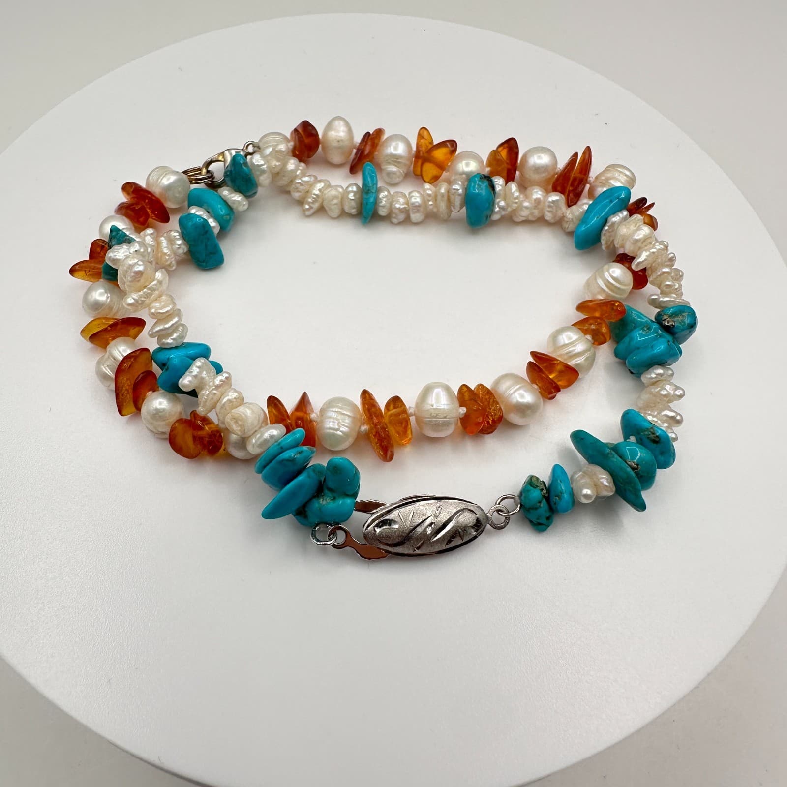 Vintage 90s Multi-Stone Pearl Turquoise Amber Chip Bracelet Set Silver Tone - Thumbnail 2