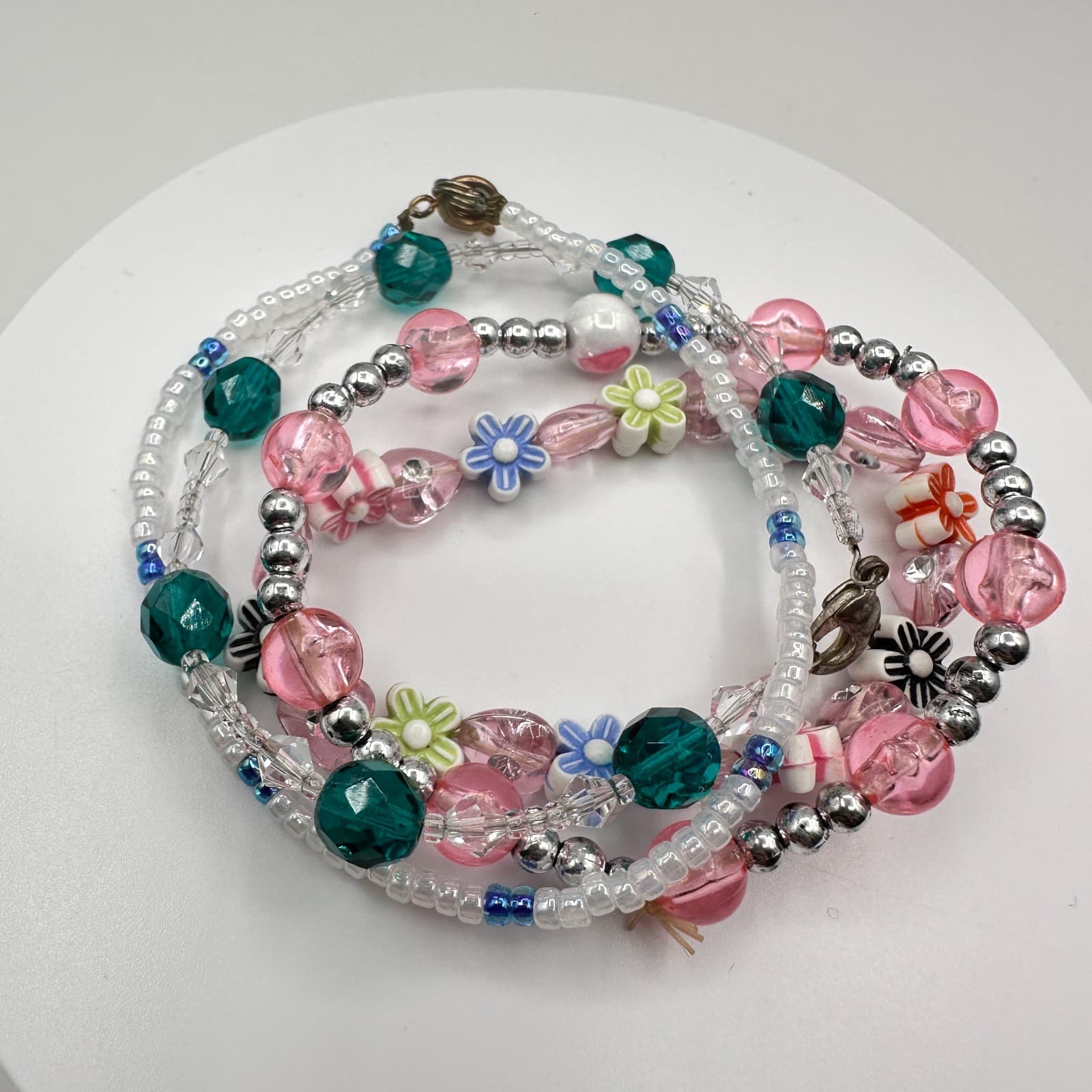 Vintage 90s Multi-Strand Beaded Bracelet Set Pink Teal Floral Boho Pastel Stack - Thumbnail 2