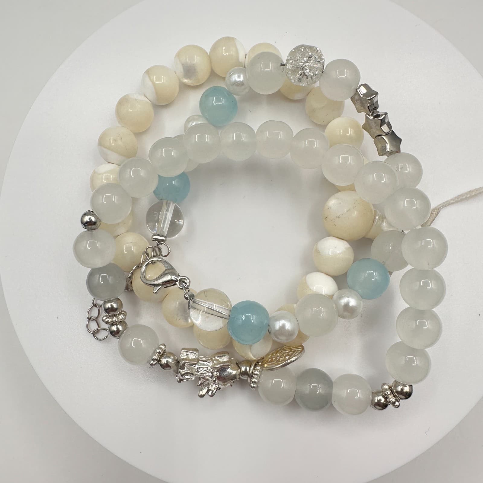Vintage 80s Natural Aquamarine Moonstone Pixie Amulet Bead Bracelet Set Jewelry - Thumbnail 6