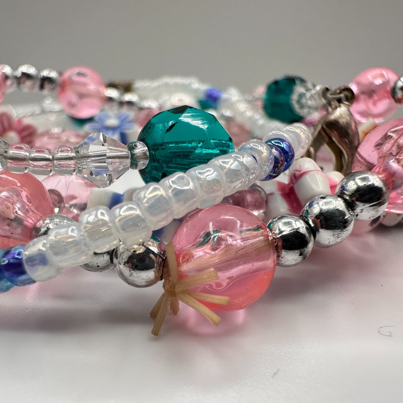 Vintage 90s Multi-Strand Beaded Bracelet Set Pink Teal Floral Boho Pastel Stack - Thumbnail 4