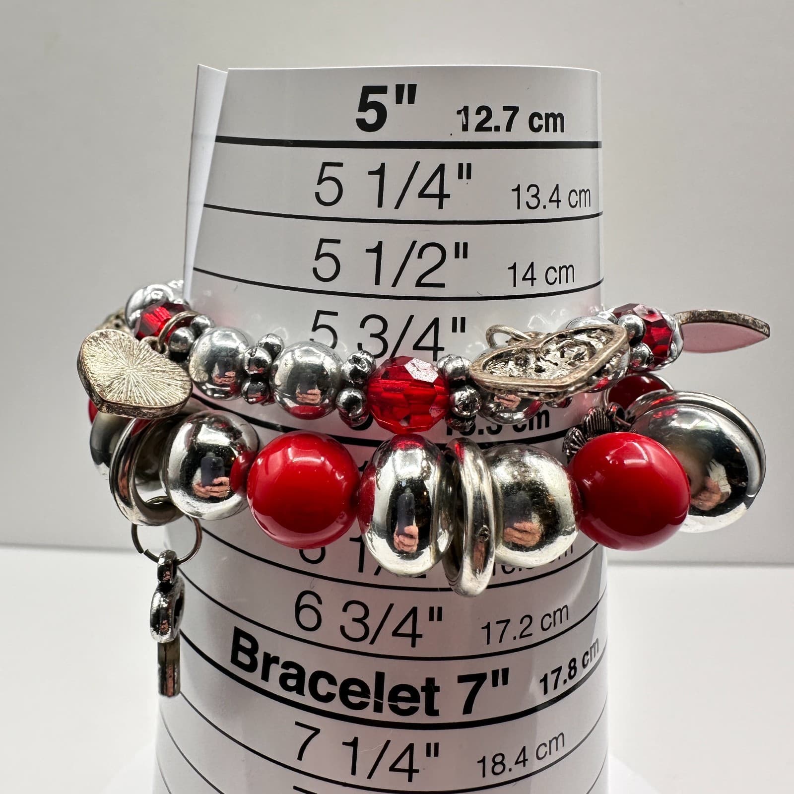 Vintage 90s Y2K Red Silver Heart Charm Bracelet Set Beaded Stretch Retro Boho - Thumbnail 6