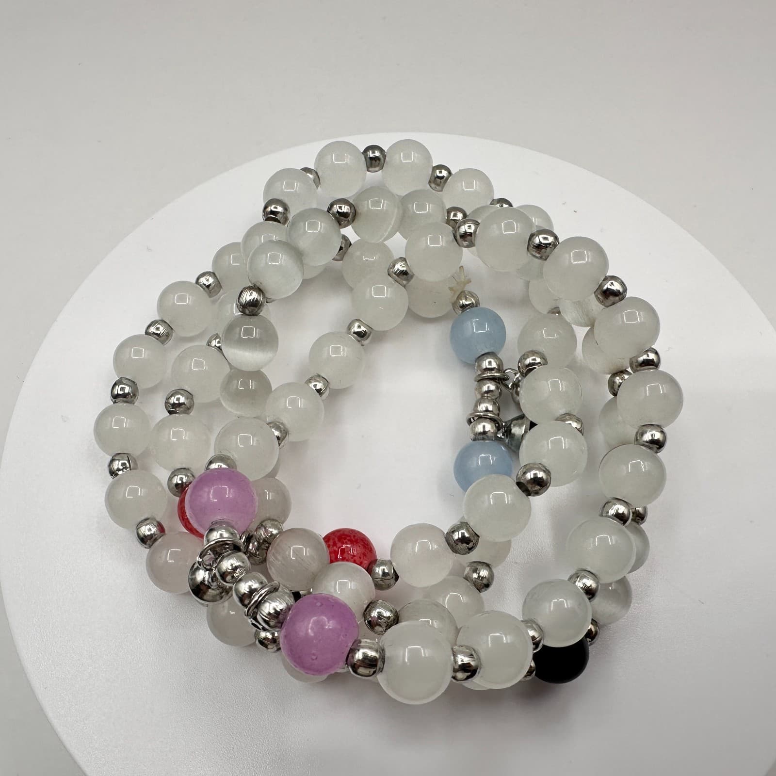 Vintage 90s White Glass Beaded Bracelet Multi Strand Boho Women's Jewelry - Thumbnail 5