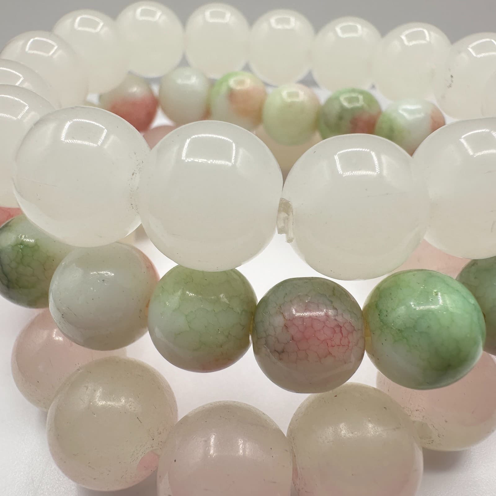Vintage 80s Beaded Bracelet Set Rose Quartz Prehnite Stretch Womens Jewelry - Thumbnail 6