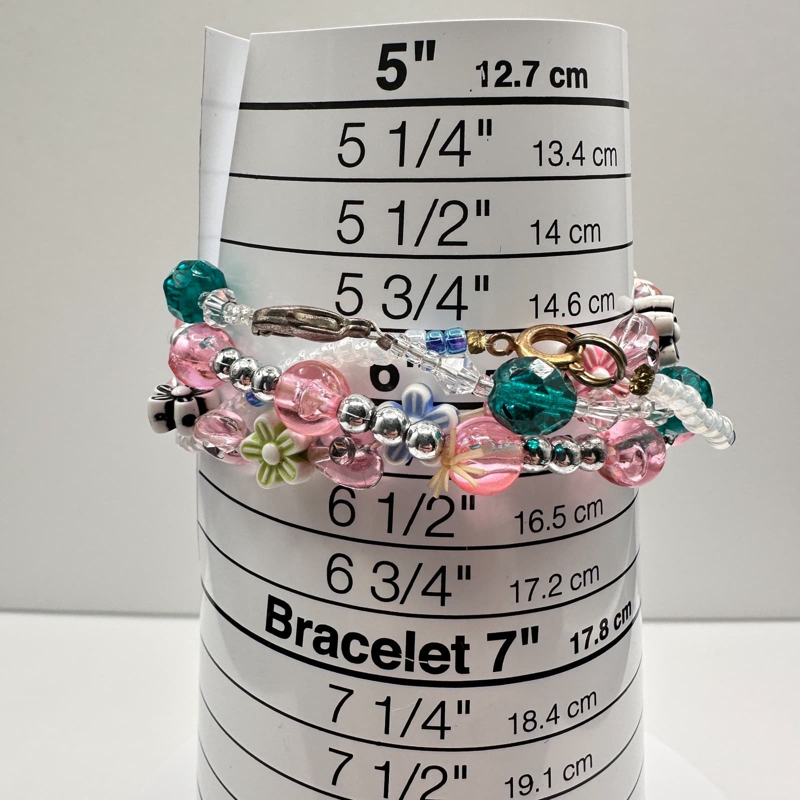 Vintage 90s Multi-Strand Beaded Bracelet Set Pink Teal Floral Boho Pastel Stack - Thumbnail 7