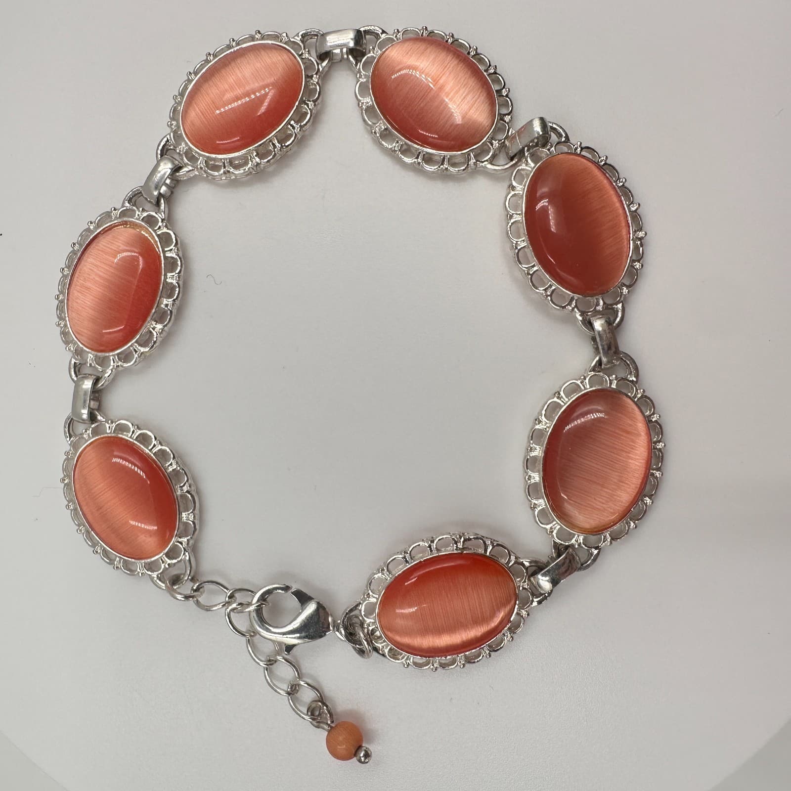 Vintage 80s Orange Moonstone Bangle Bracelet Silver Tone Style Jewelry - Thumbnail 6