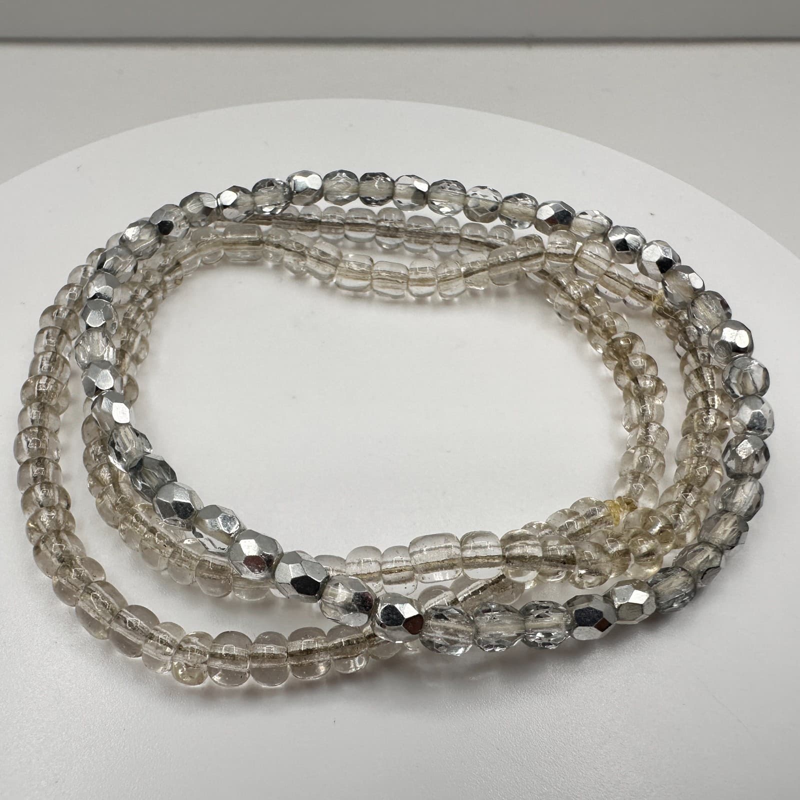 Vintage 90s Beaded Stretch Bracelet Set Silver Clear Glass Boho Fashion Jewelry - Image 1