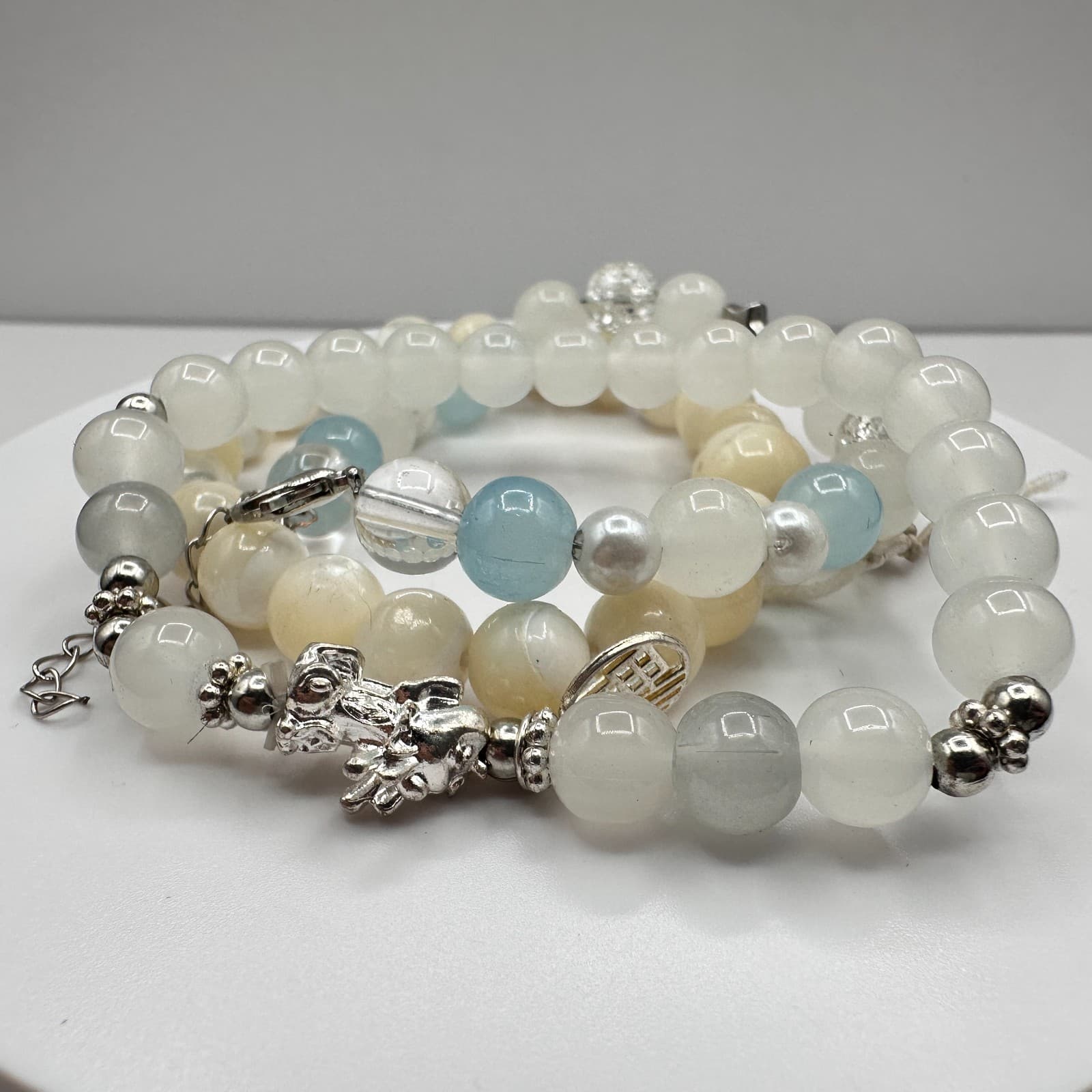 Vintage 80s Natural Aquamarine Moonstone Pixie Amulet Bead Bracelet Set Jewelry - Image 1