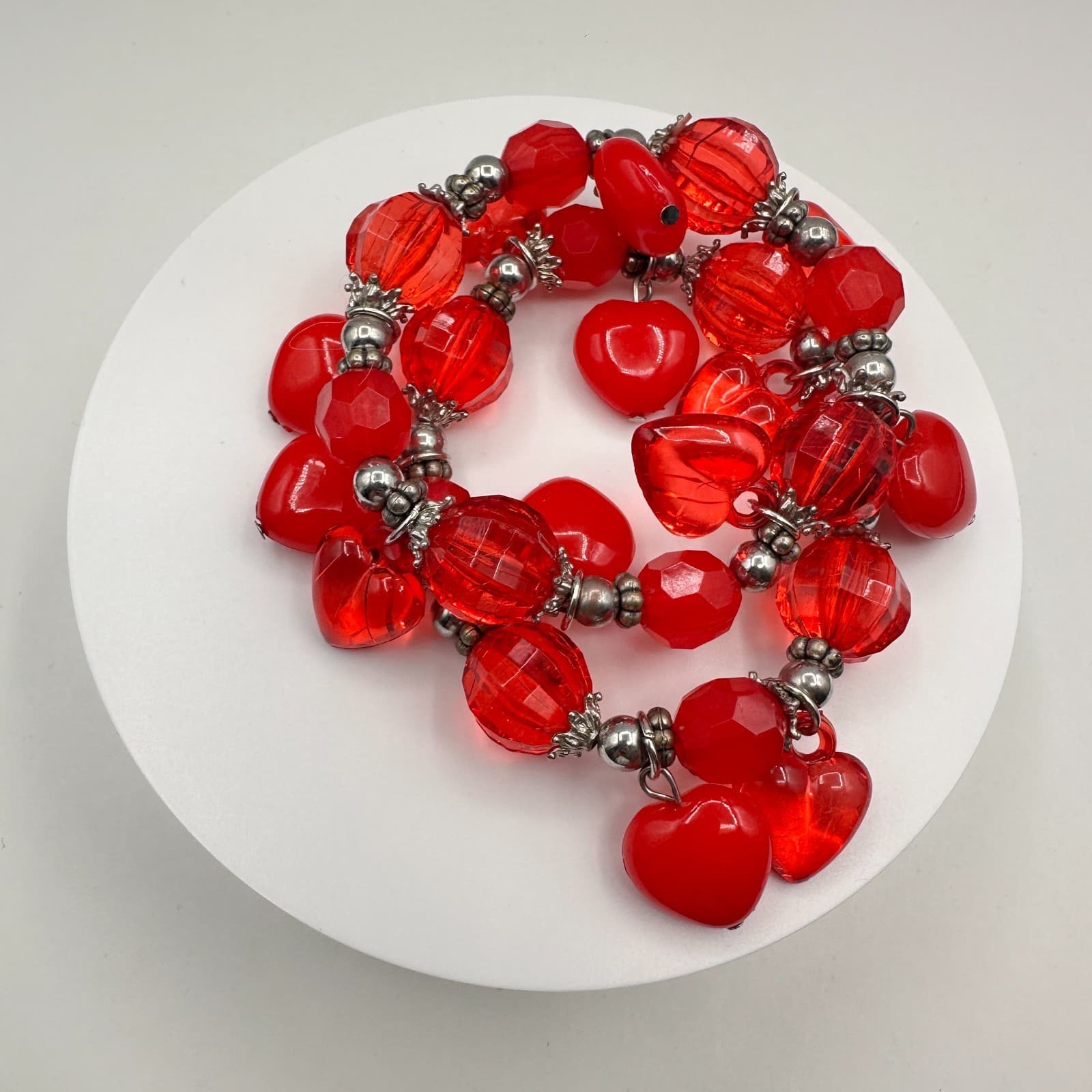 Vintage 90s Red Heart Charm Bracelet Set Beaded Stretch Boho Women's Jewelry - Thumbnail 2