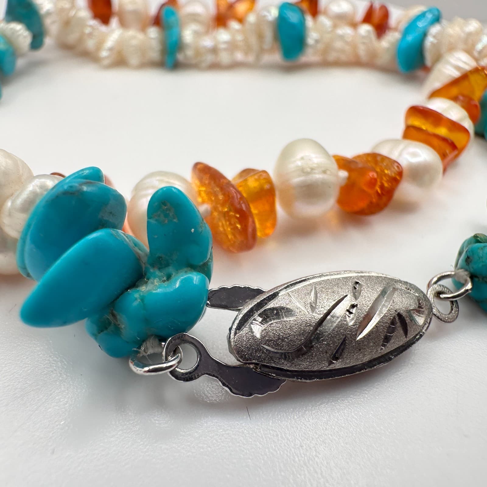 Vintage 90s Multi-Stone Pearl Turquoise Amber Chip Bracelet Set Silver Tone - Thumbnail 4