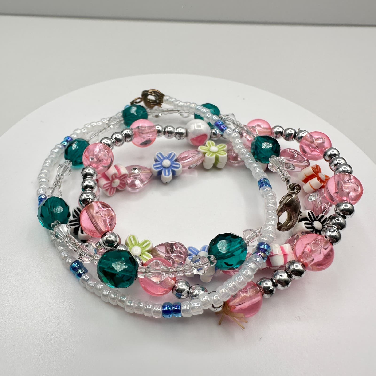 Vintage 90s Multi-Strand Beaded Bracelet Set Pink Teal Floral Boho Pastel Stack - Image 1