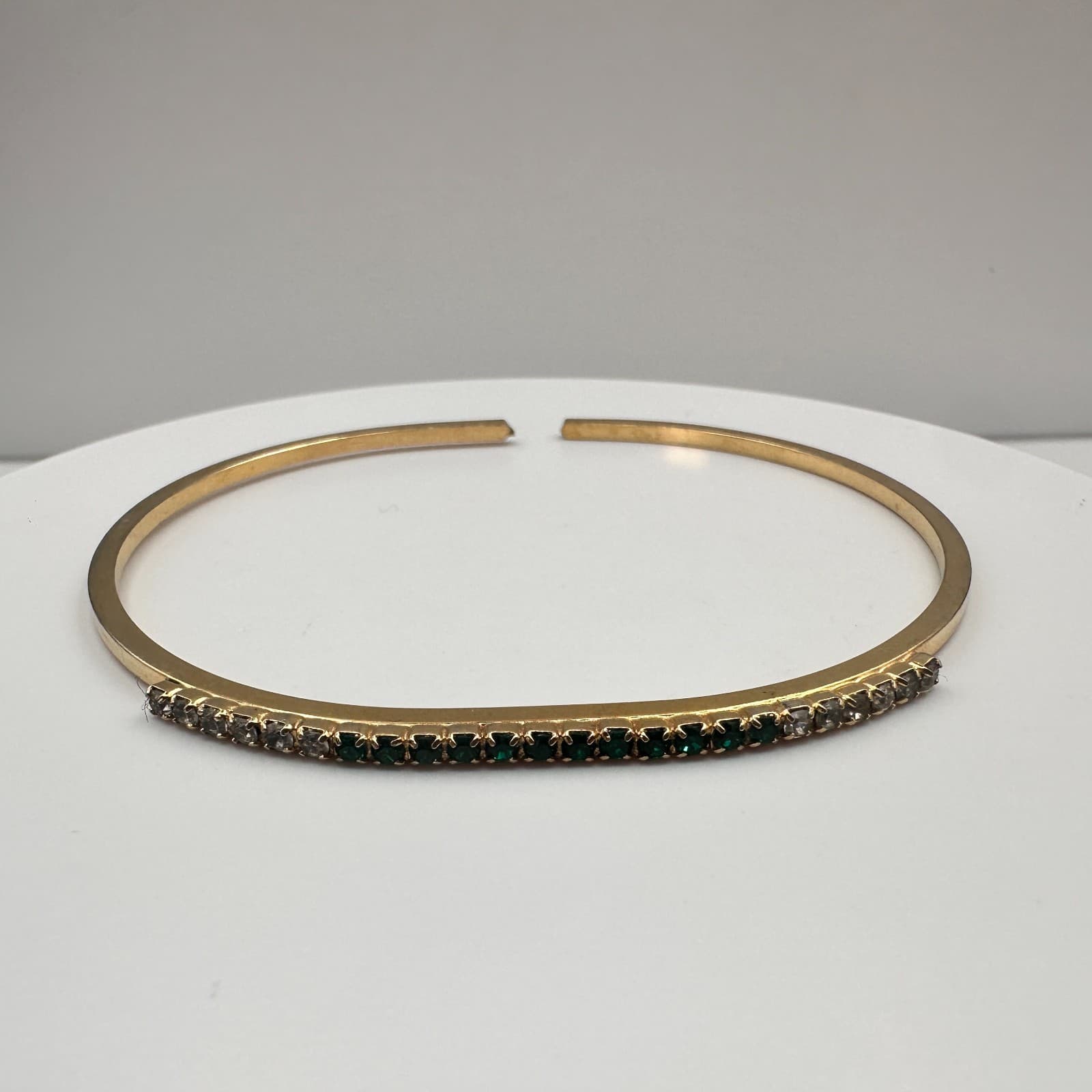 Vintage 80s Green & Clear Crystal Rhinestone Gold Tone Bangle Statement Jewelry - Image 1