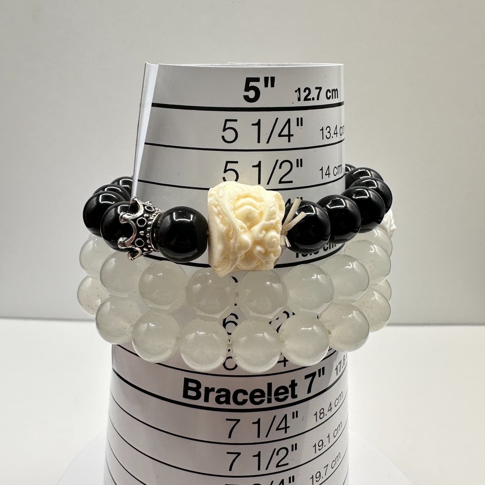 Vintage 90s Beaded Bracelet Set Black White Stones Crown Floral Fashion Jewelry - Thumbnail 5