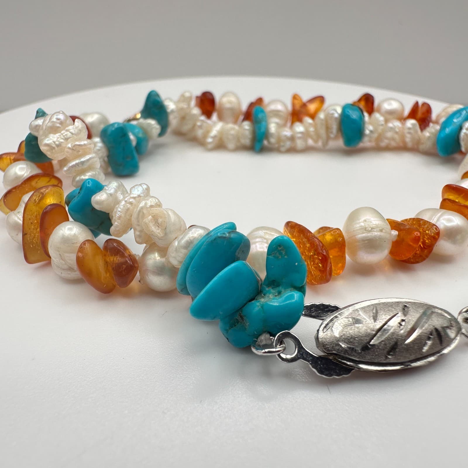 Vintage 90s Multi-Stone Pearl Turquoise Amber Chip Bracelet Set Silver Tone - Thumbnail 3