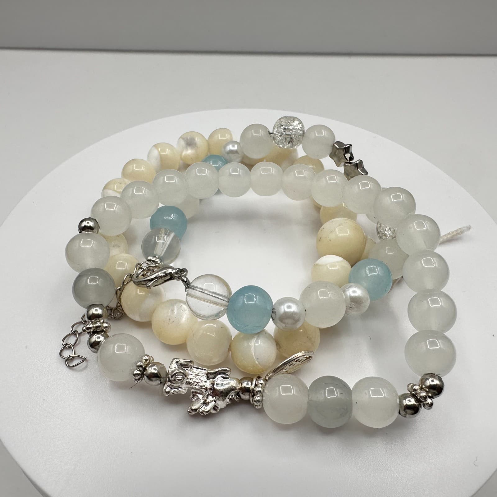 Vintage 80s Natural Aquamarine Moonstone Pixie Amulet Bead Bracelet Set Jewelry - Thumbnail 2