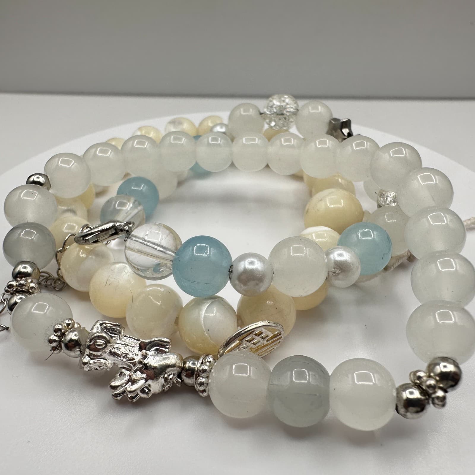 Vintage 80s Natural Aquamarine Moonstone Pixie Amulet Bead Bracelet Set Jewelry - Thumbnail 9