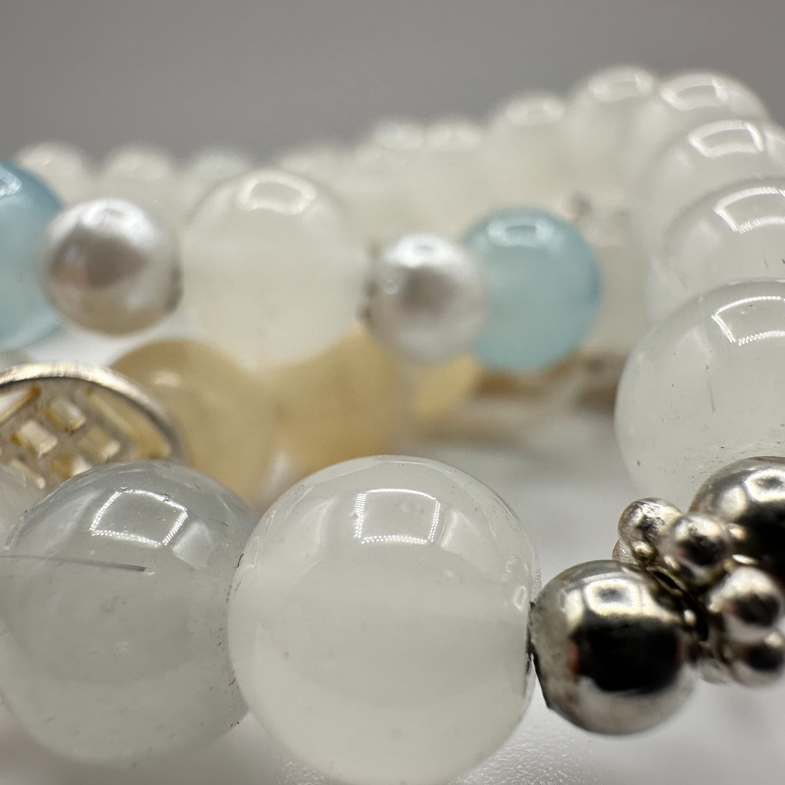 Vintage 80s Natural Aquamarine Moonstone Pixie Amulet Bead Bracelet Set Jewelry - Thumbnail 7