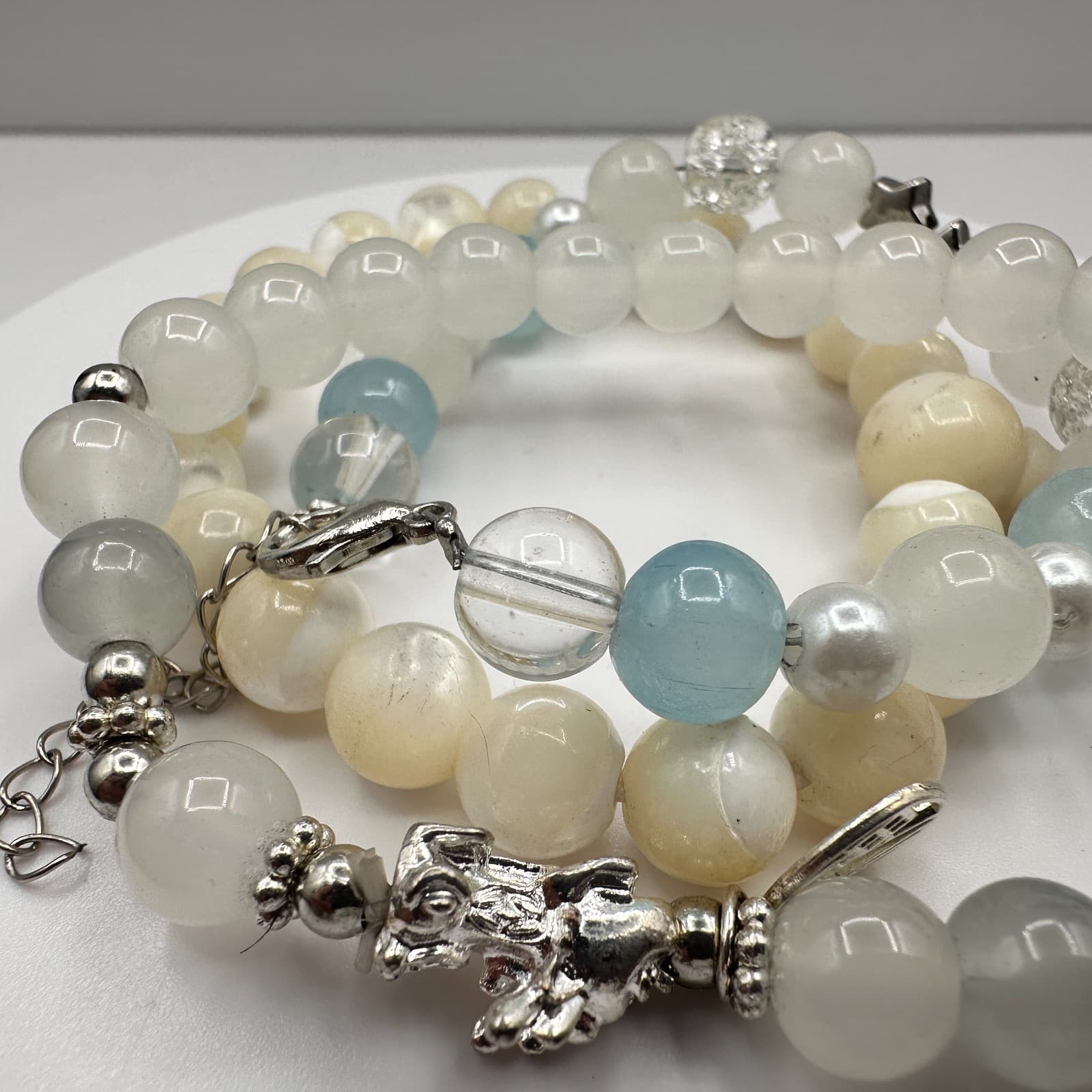 Vintage 80s Natural Aquamarine Moonstone Pixie Amulet Bead Bracelet Set Jewelry - Thumbnail 3