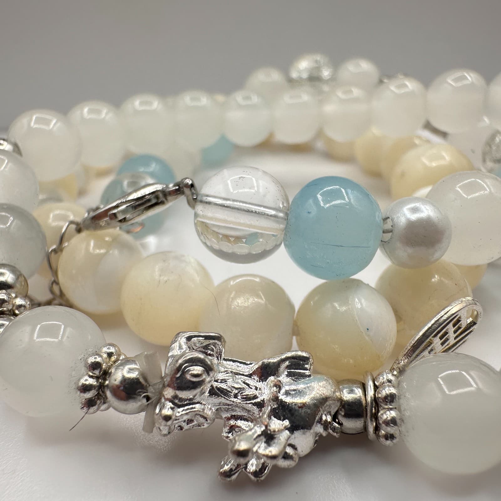 Vintage 80s Natural Aquamarine Moonstone Pixie Amulet Bead Bracelet Set Jewelry - Thumbnail 4