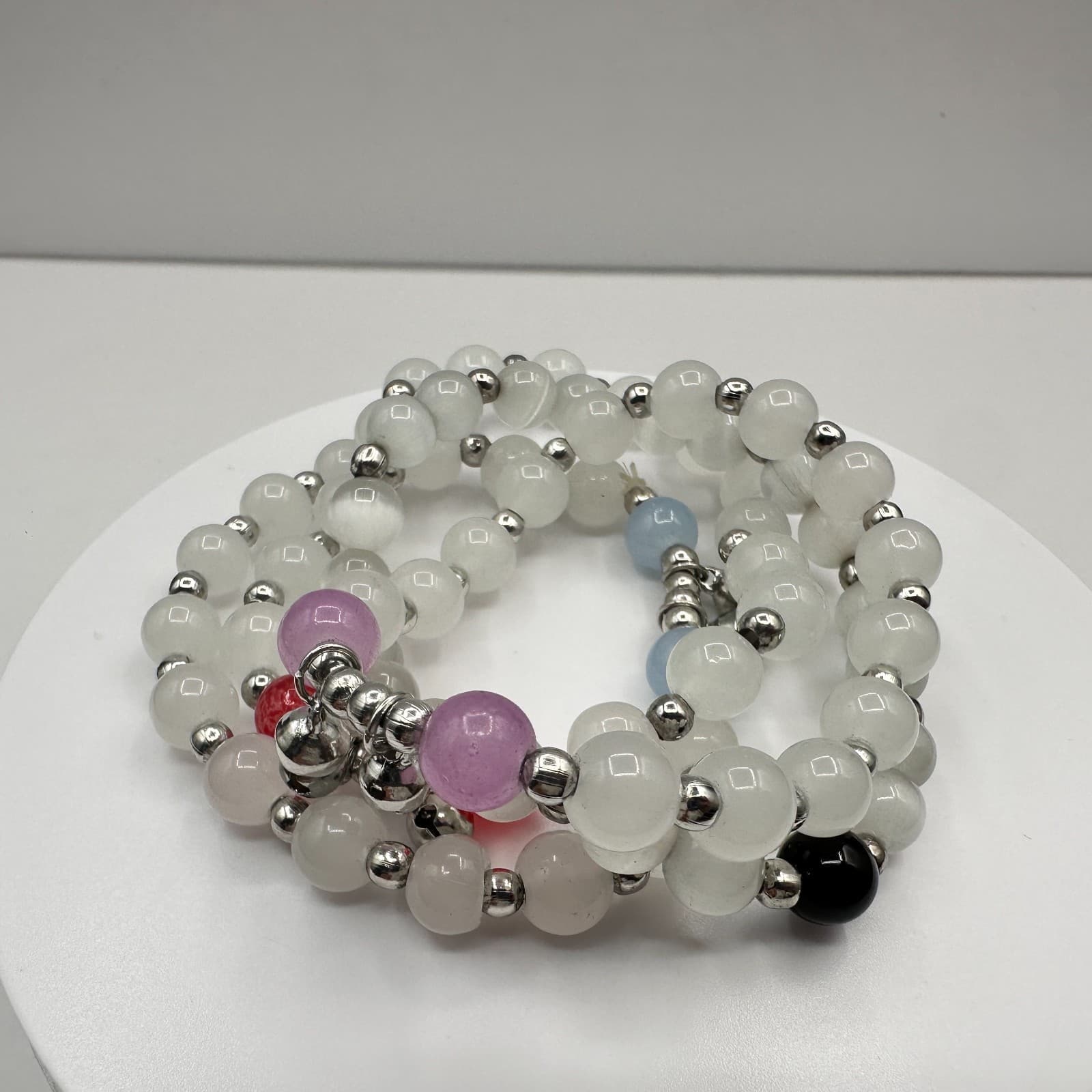 Vintage 90s White Glass Beaded Bracelet Multi Strand Boho Women's Jewelry - Image 1